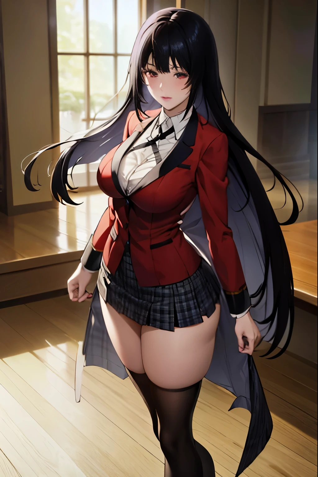 High resolution、masterpiece、1 girl, Jabami Yumeko,hmjy1 long black hair,red eyes,blush,sexy body,((uniform, red jacket)), Red blazer with black trim on cuffs and collar lining, White button-up dress shirt and black tie, Black and gray plaid miniskirt, black tights, そして茶colorのローファー. , cowboy shot,beautiful体,perfect eyes, perfect face,表情豊かな目のmasterpiece:1.0),(Highest_quality:1.0), かわいい笑face, , beautiful and bright lighting, ,Slender beauty:1.4, slim abs, 引き締まったwaist, (笑face:1.2), slender and long beautiful legs,,超High resolution,4k,super detailed, photograph, 8k, HDR, High resolution, film grain, Lens flare, (lively_color:1.2), (beautiful_face:1.5),(narrow_waist), exquisite visuals, Highest quality,18-year-old、expensive,邪悪な笑face