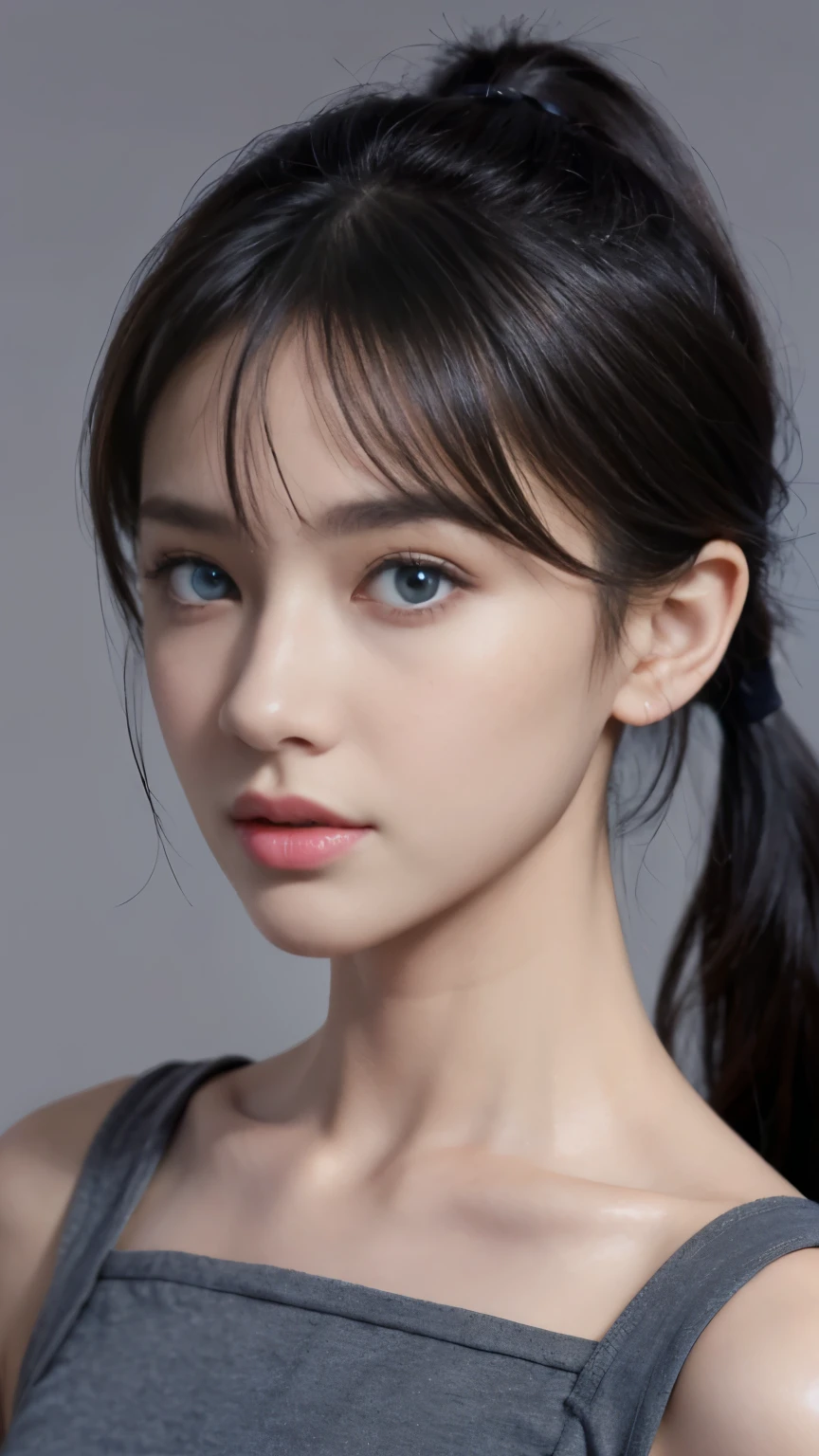 Tight black top:1.2, looking at the audience, light, perfect, soft light, High resolution skin:1.2, Realistic skin texture, realistic face, Off the shoulders, Naked trench, blue eyes, ponytail, Open mouse, Dabubu, straight bangs,