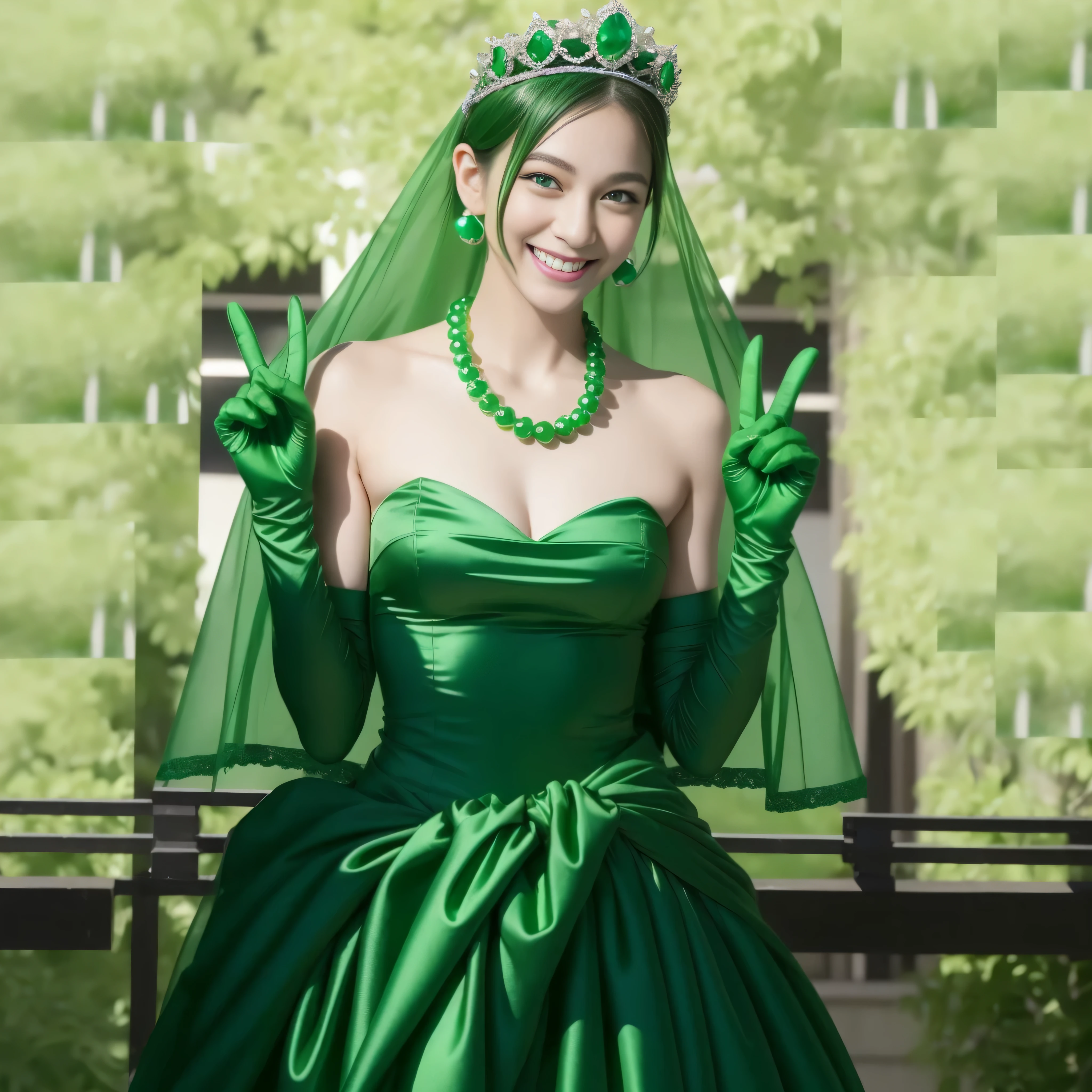 emerald tiara, Green Pearl Necklace, Boyish green berry short hair, lipstick, Smiling Japan woman, very short hair, big breasts beautiful, green eyes, Green long gloves made of satin material, green eyes, v sign, emerald earrings, green gloss