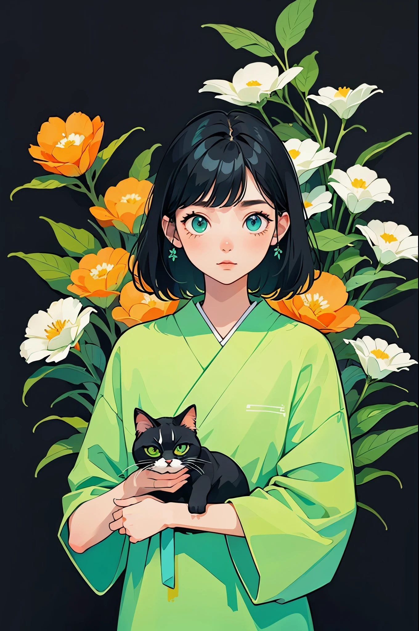 yxycolor，girl ，coffee cup，Cat，black hair，Simple drawing、green，blue，orange color，illustration，green植物，A small number of flowers，clean background