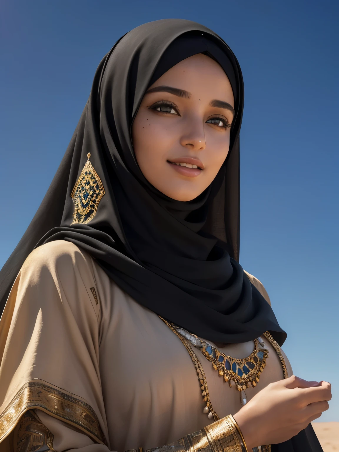 (best quality,4k,8k,highres,masterpiece:1.2),ultra-detailed,(realistic,photorealistic,photo-realistic:1.37),very beautiful girl, arabic descendant, statuesque figure, intricate black hijab and abaya, detailed fingers, desert background, wind gust, subtle smile, oil painting, portraits, vivid colors, warm color tones, soft lighting.