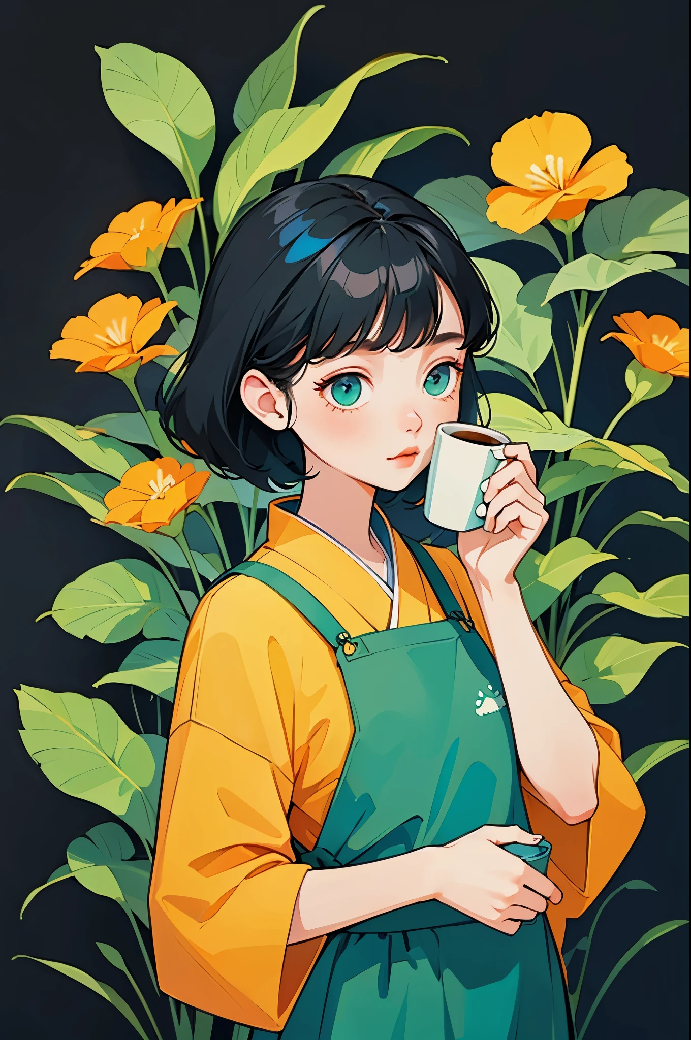 yxycolor，girl ，coffee cup，Cat，black hair，Simple drawing、green，blue，orange color，illustration，green植物，A small number of flowers，clean background