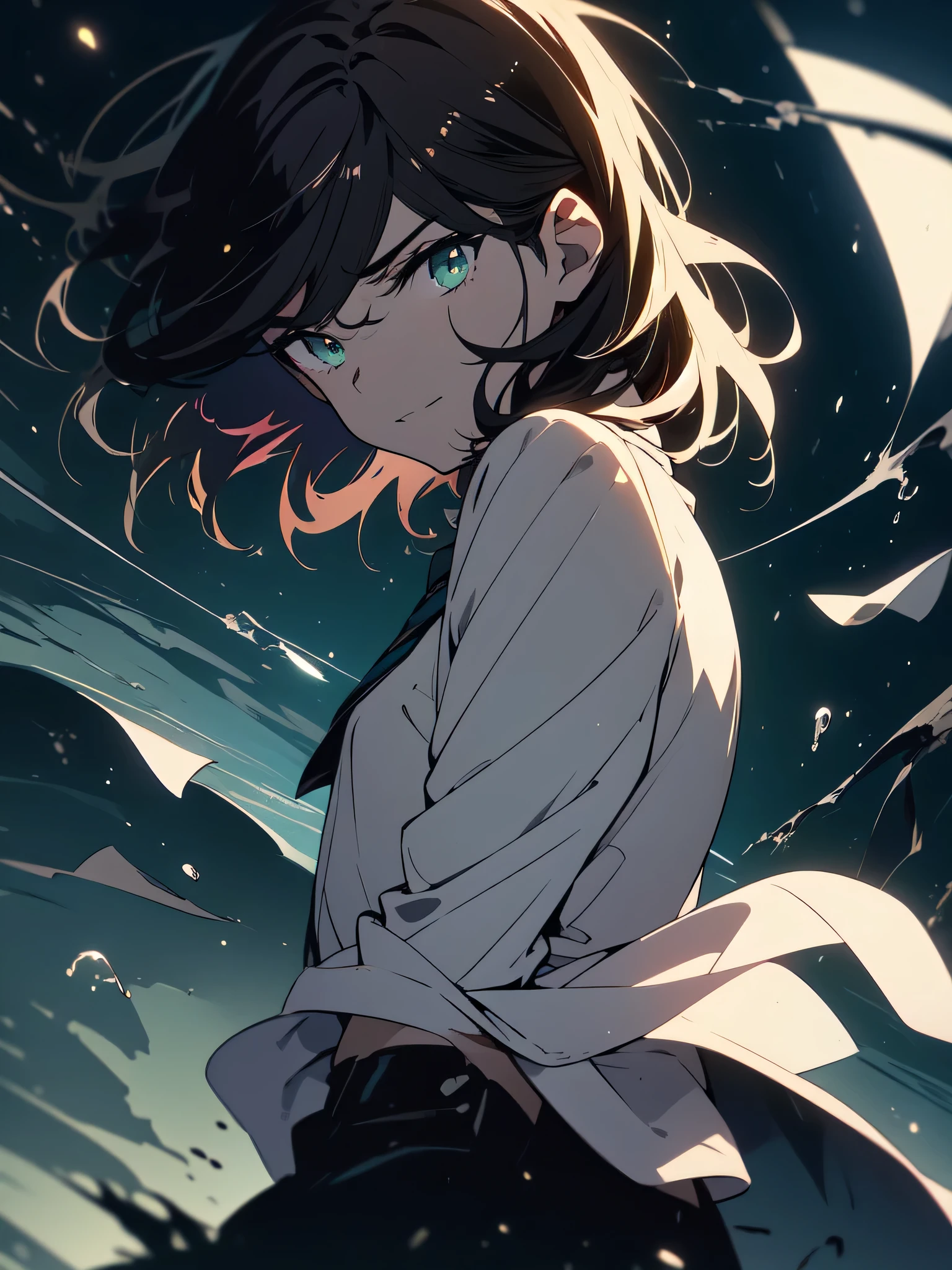 (masterpiece, highest quality)、(shining eyes), ((one young man)),(dark brown hair,inner color)、sea green eyes,serious expression, evil smile,Upper body,line drawing,Unkempt short hair、messy hair、(messy hair、medium hair),white blazer,black t-shirt,expressionless eyes,((beautiful animeスタイル))、(dark and serious background),(dark back alley)、(downtown at night)、beautiful anime
