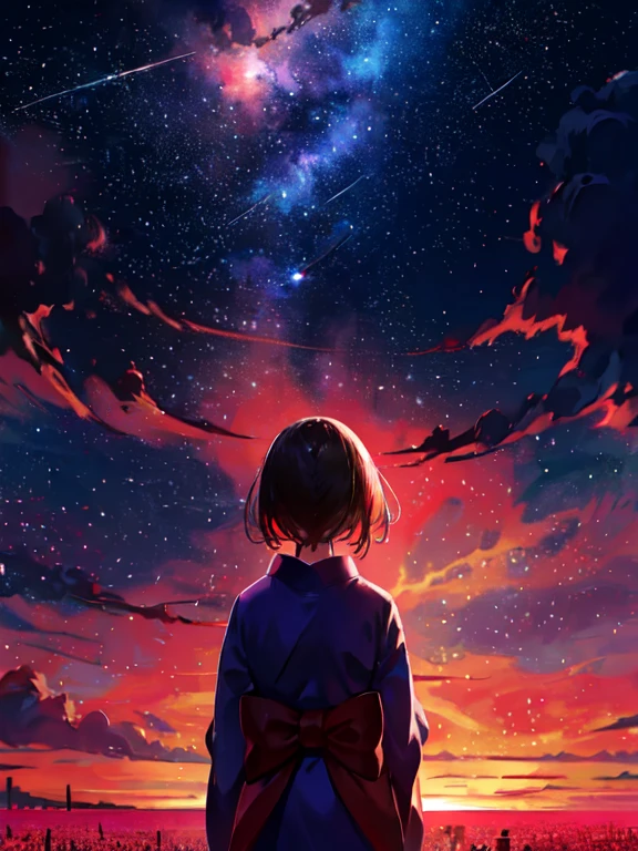 1 girl, distant girl wearing a kimono staring at the performer, (zoomed out:1.1), (Meteors:1.2), (comet:1.1), yourname, Low - Angle, from behind, Alola, shooting star, yukata, red kimono, cherry blossoms, Standing in the field,highest quality, masterpiece, cloud,colorful, starry sky,performer,