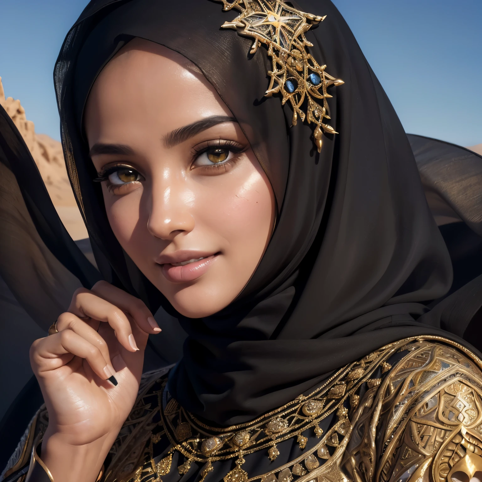 (best quality,4k,8k,highres,masterpiece:1.2),ultra-detailed,(realistic,photorealistic,photo-realistic:1.37),very beautiful girl, arabic descendant, statuesque figure, intricate black hijab and abaya, detailed fingers, desert background, wind gust, subtle smile, oil painting, portraits, vivid colors, warm color tones, soft lighting.