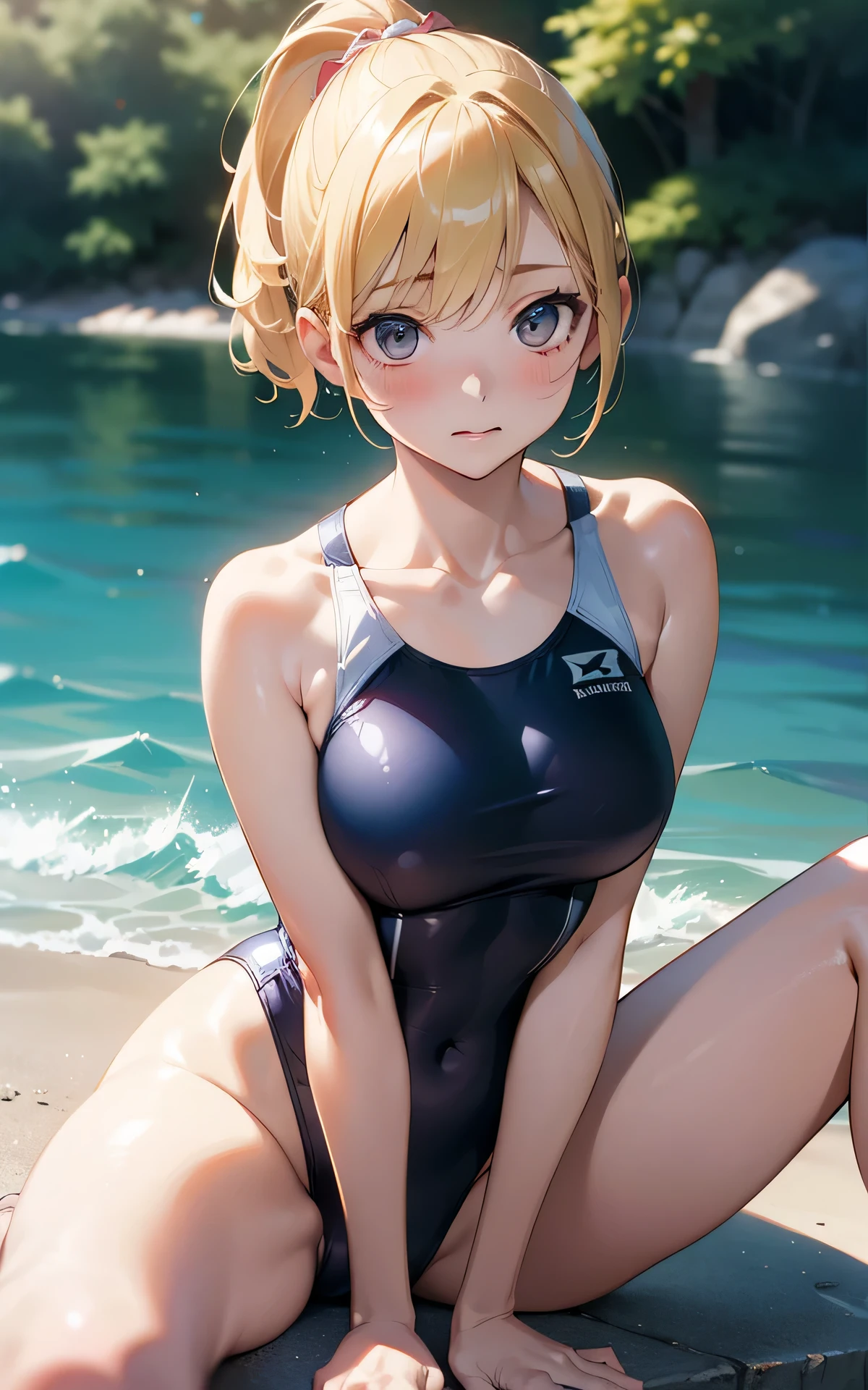 absurderes:2.0, (one girl、solo,), realistic, Unity 8K Wallpaper, Masterpiece, Realistic face, Realistic skin feeling ,detailed hair, highly detailed, realistic glistening skin, Cute Girl, Perfect face, japanese actress face, charming face, Glossy skin、(racing swimsuit, blond hair, short hair, pony tail, embarrassed:1.3, panic), sunny sea、(Sitting with Knees Up:1.6, spread legs),