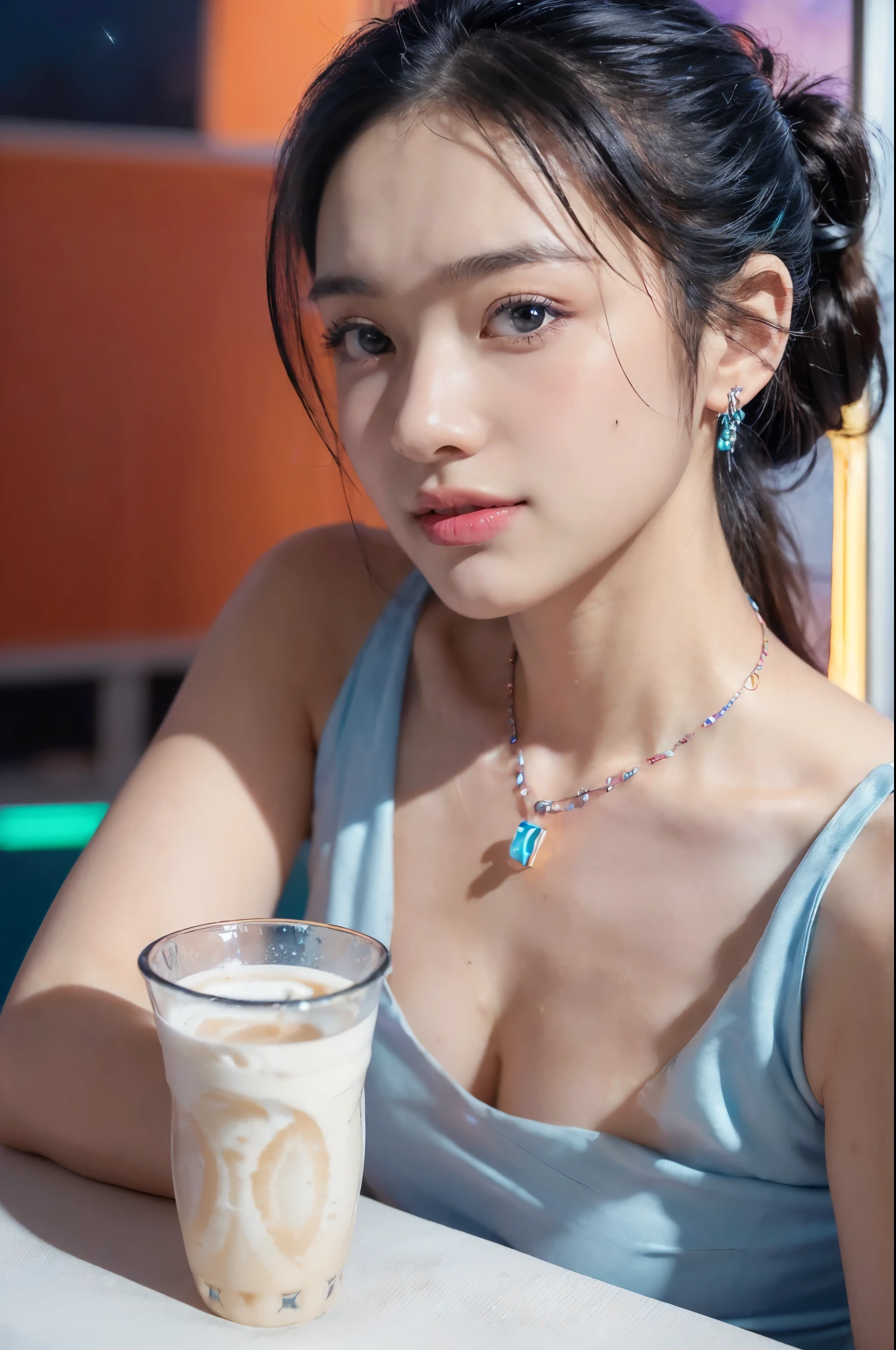 ((((8k))),((Extremely meticulous CG)) ,(wallpaper),16k,((Extremely refined and beautiful)),(((Masterpiece))),(((best qualtiy))),(((Ultra High Resolution))),beautiful light up,Perfect lightning,realistic shaded,(high resolution),(Smooth and flawless fair skin:1.5),(pale skin:1.3),(Extremely exquisite facial details:1.3),(perfect body:1.1),(ultra-detailed),A beautiful girl,solo,(small head:1.2),(short ponytail:1.2),(small face:1.2),(happy:1.2),(smile:1.2),(earrings:1.2),(crystal necklace:1.2),(open mouth:1.5),(blush:1.3),(female orgasmic:1.3),(ahegao:1.3),(lace,see through),(small breasts:1.2),((flat chests:1.2),(slim,thin),(blue dress:1.3),(night scene:1.3),(in the Milk tea shop:1.3),(indoor:1.2),(Sitting on a chair behind the table:1.3),(A cup of milk tea on the table:1.3),(close-up of face:1.2),(upper body:1.2),(night view of the city:1.3),(neon lights:1.3)