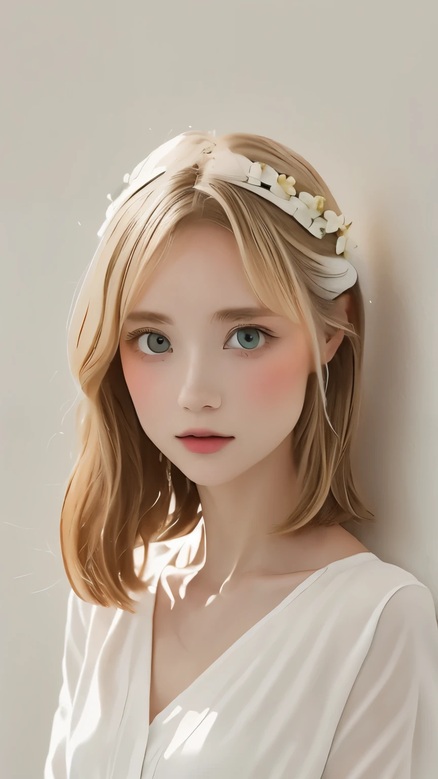 (((simple configuration)))、(((The background is a white wall:1.2)))、one girl、perfect anatomy、painterly、sketch、very delicate、wall with cloud-like pattern、、Floral、delicate depiction、abstract、Bright colors overall、Gentle color、Taisho romance、(masterpiece、highest quality、highest quality、official art、beautiful beautiful:1.2)、