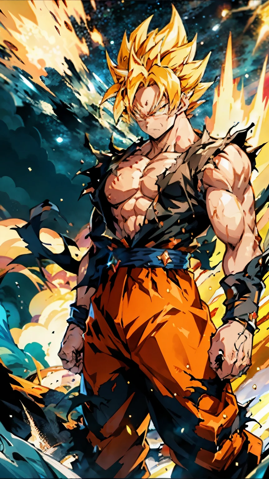 1 male, alone, The Super Ice Saiyan unleashed huge waves of energy，Smash the starry sky，Creates a huge shock wave. Standing on the ice dragon, The background is the rainstorm meteor universe. The energy waves are a mix of orange tones with swirling patterns. (ice magic: 1.2), (epic: 1.3), (Chaos ingredients: 1.2), (Metal: 1.1), (dark orange: 1.1), (comic book: 1.2), ((3d)), (((actual))),