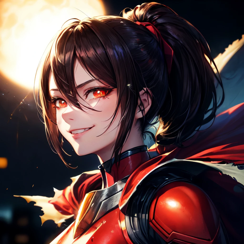 (masterpiece, best quality, ultra-detailed, best shadow), (detailed background,dark sci-fi), ((beautiful detailed face)), high contrast, (best illumination, an extremely delicate and beautiful), ((cinematic light)), colorful, hyper detail, dramatic light, intricate details, (1girl, solo, brown hair, sharp face, ((glowing dark red eyes)), bags under eyes, shadows under eyes, hair between eyes, ponytail, dynamic angle), red ranger, ((red suit)), ((torn suit)), ((silver pauldrons)), blood spatter, depth of field, (((evil smile))), ((night)), ((dark background)), standing atop rooftop ledge, crying, cloak