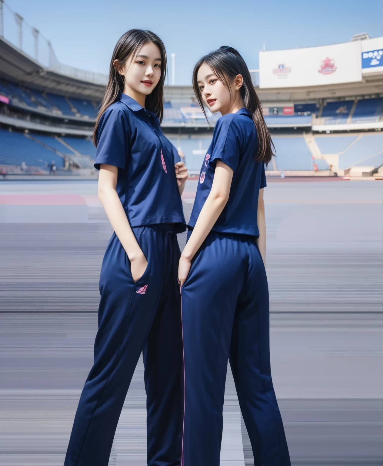 (best quality,10,10,height,Masterpiece:1.2),Special details,(realistic,ภาพrealistic,Realistic photos:1.37),1 cute girl on the football field,shiny, ผิวshiny,only,smile softly,BDclothelue shirt:1.3)),short sleeve,shirt, กางเกงขาlong.,(navy_long_track pants:1.1), ((stadium background:1.3)),Dynamic angle,excited,Face focus,dynamic poses,from behind,focus on ass,Masterpiece, best quality, ultra realistic, hyper-detail, 8K resolution, raw photos, Sharp focus, ((Navy blue shirt:1.1)), short sleeve, เส้นทางlong, perfect body, 2 mature women, 18 years old, Cinema-grade lighting system,blue sweatpants,shirtผ้าออกกำลังกาย,correct anatomy,perfect body, correct body, Sharp face, correct bodyทางกายวิภาค, full body, realistic gestures, long-haired, realistic poses,Wear long shorts................................,ช่วงขาlong,Good shape,carved girl, Slender figure, model, Good shape, beautiful body,blue sweatpants, two girls kissing