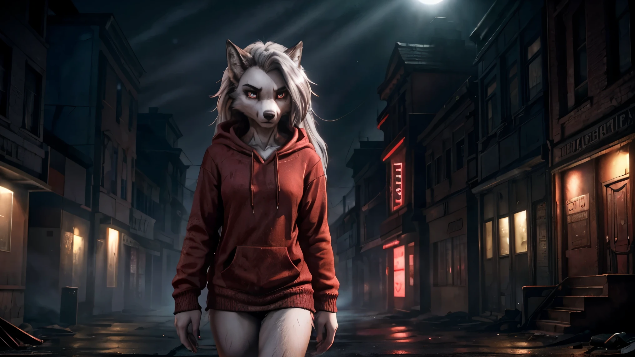 Loona, female, wolf, anthro, long white hair, light grey eyes, wearing a red hoodie, walking in a street, abandoned city at night, serious, foggy, creepy ambience, scary, omnious, red tint, extremely detailed, solo, beautiful, high quality, 4K, 8K, HDR