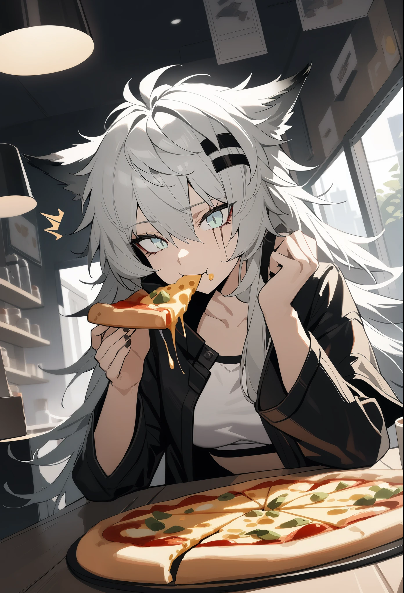 1girl, lappland\(arknights), arknights, upper body, sitting, grey hair, long hair, scar across eye, open coat, tube top, ^^^, cinematic angle, in the cafe, eating pizza, cheese, masterpiece, best quality