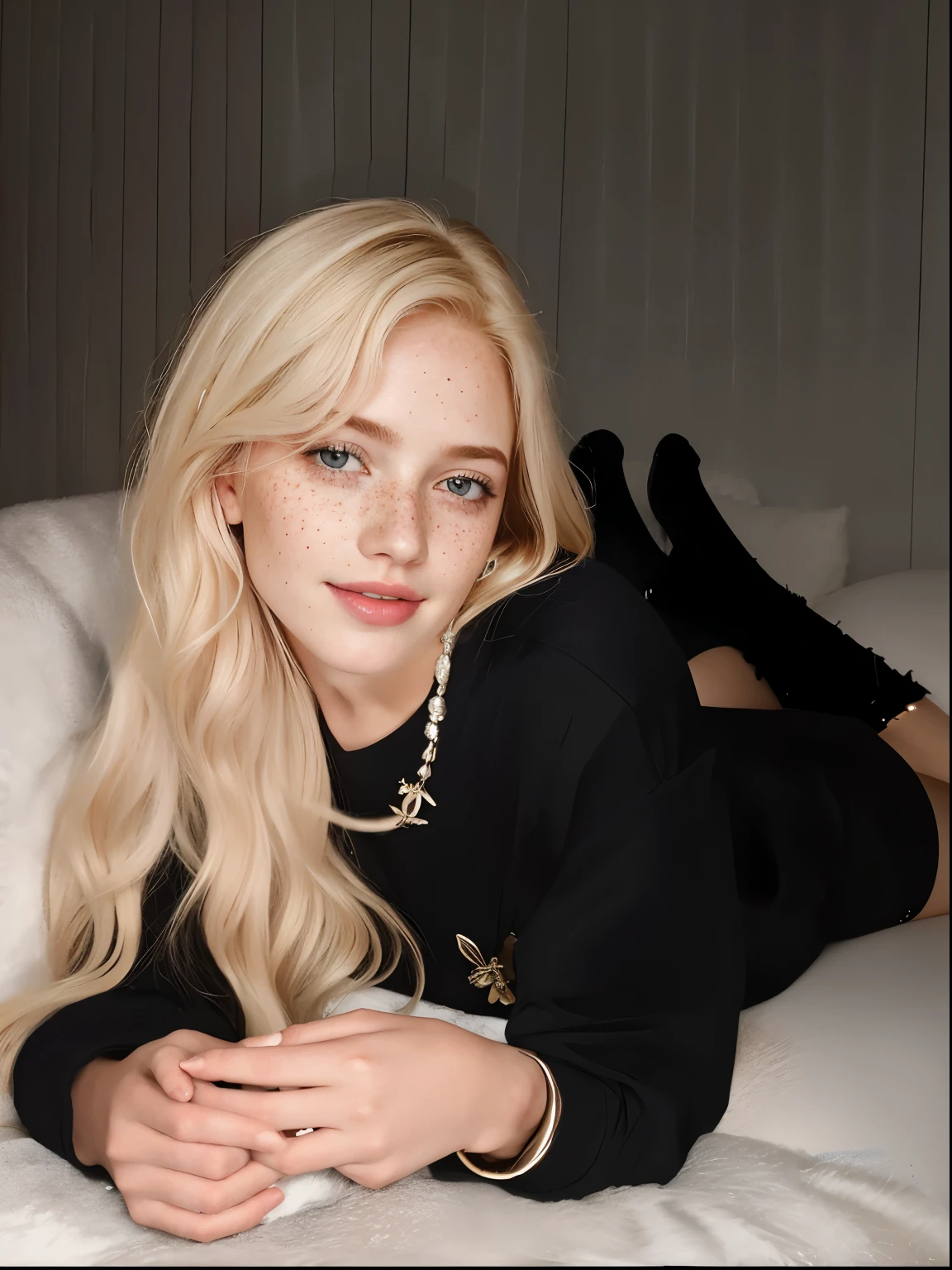 mulher, americana, 25 anos, pale skin and freckles, olhos cinzas, nariz delicado, soft and delicate lips, longo, cabelo blondie longo e ondulado na altura da cintura, sorriso meigo, face with delicate feminine facial features