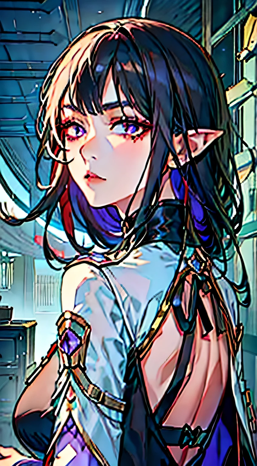 black hair。goblin。woman。look of contempt。look back。goblinは耳がとても長い。cold look。empty eyes。serious expression。purple eyes。red eyeshadow。black hair。look down at me。