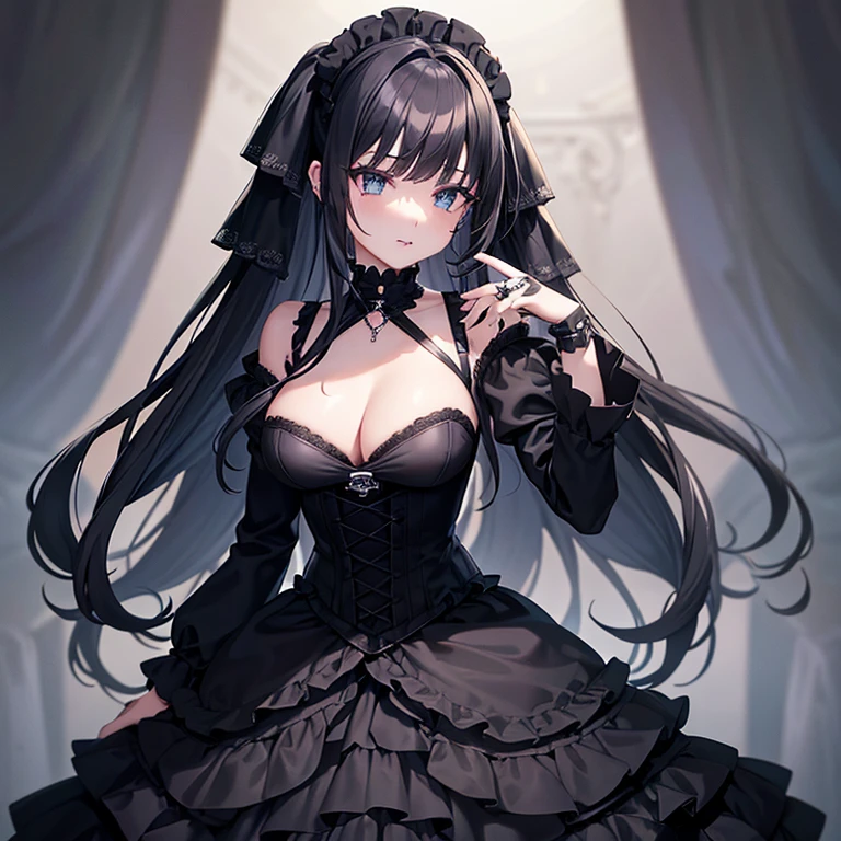 a woman in black corset and goth hair, with piercings, 1girl, solo, black hair, long hair, ring, silver hair, Gothic Lolita, ((blue lips)), blue eyes, blue rose