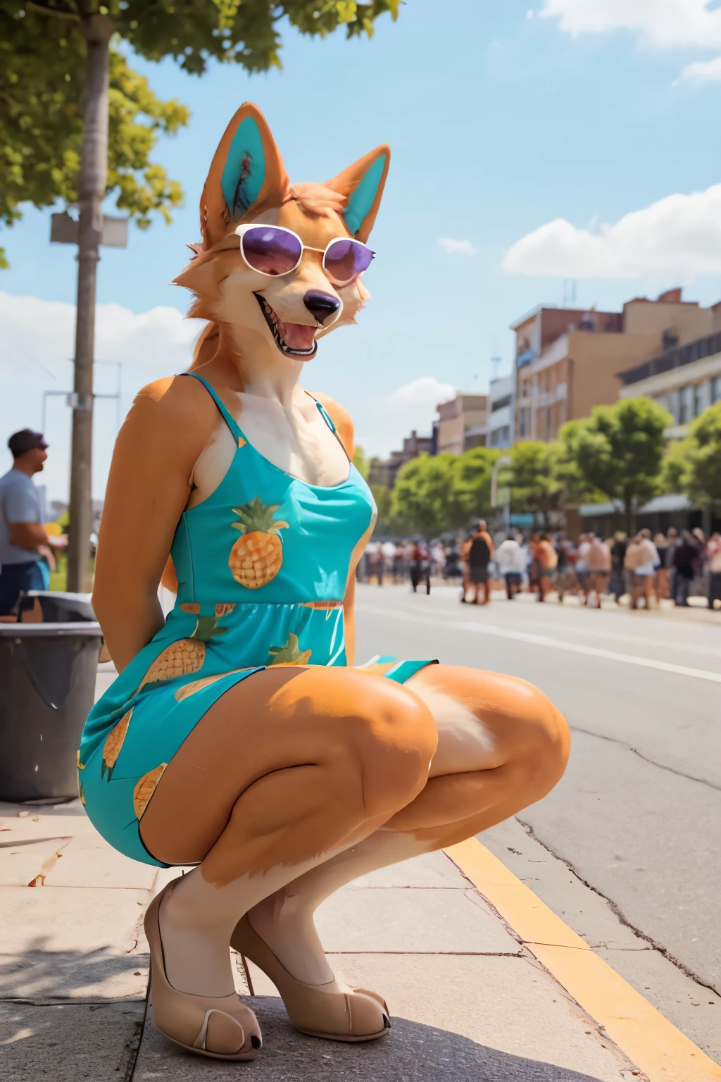 audie, furry female, anthro, wolf girl, sunglasses, pineapple dress, wolf tail, looking at viewer, smiling, happy, grin, squatting, legs together, outside, city, sidewalk, crowd, blue sky, 4high quality, masterpiece, 