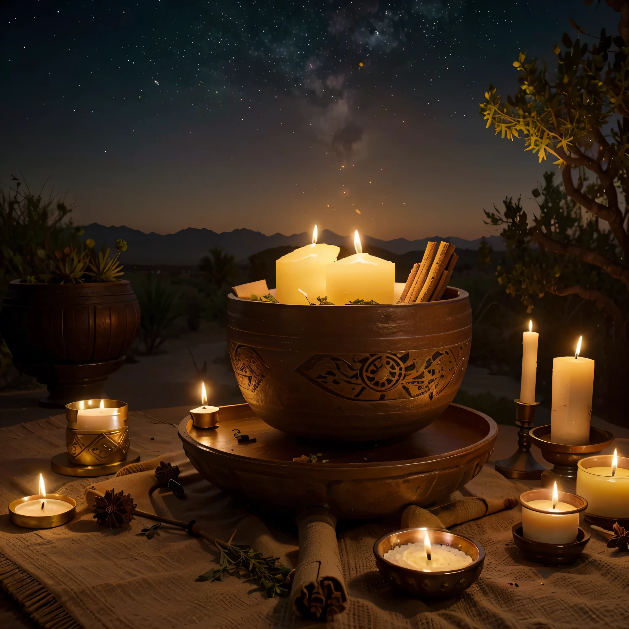 How about an image featuring a beautiful Ayurvedic medicine bowl filled with colorful herbs and spices, surrounded by candles and incense burning softly, all set against the backdrop of a serene desert landscape under a starry sky? This composition would symbolize the holistic healing traditions of Ayurveda and the spiritual journey of Ramadan, inviting viewers to connect with both their physical and spiritual well-being.