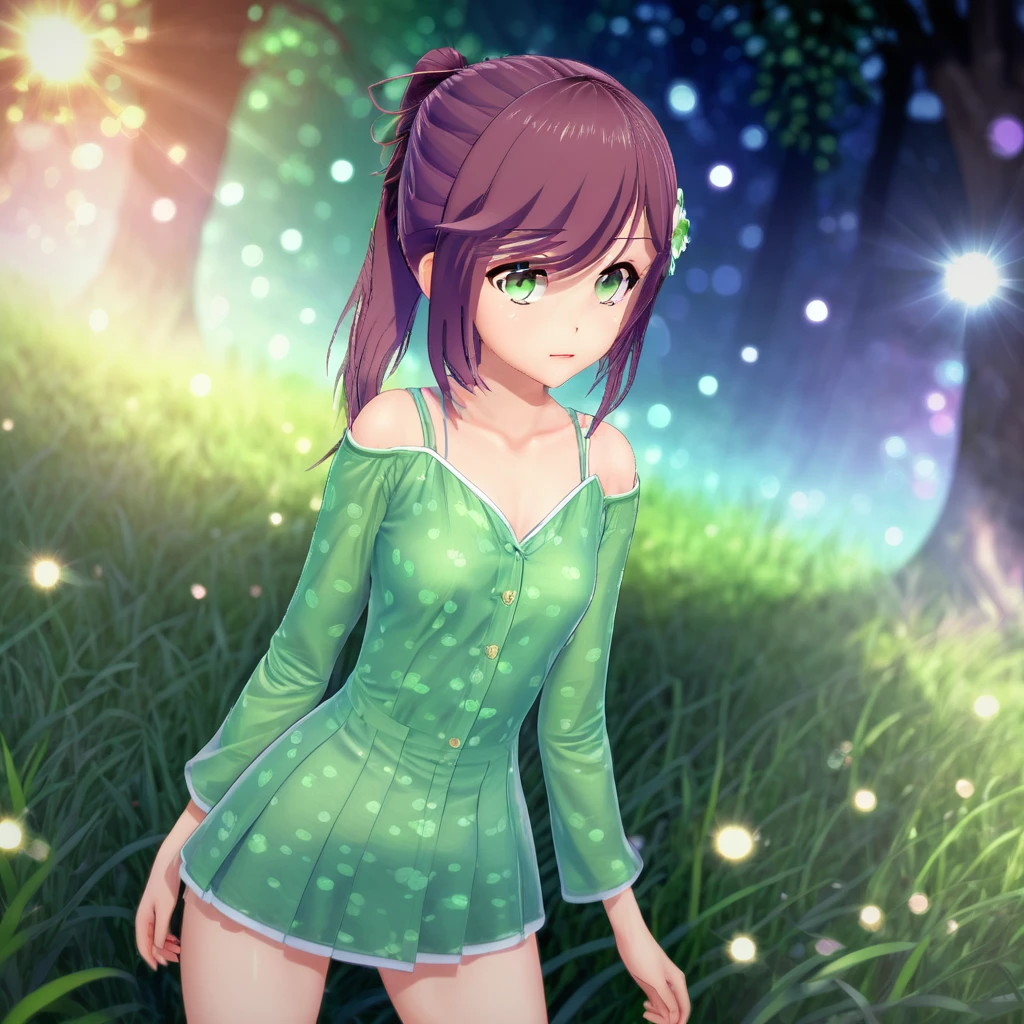 (best quality,4k,8k,highres,masterpiece:1.2),ultra-detailed,(realistic,photorealistic,photo-realistic:1.37)
anime girl,green eyes,blushing,playful smile,long purple hairstyle,fair skin,two-ponytails,long shiny eyelashes,natural makeup,slender figure,exposed shoulders,unbuttoned shirt,short skirt,thigh-high socks,barefoot,standing on a grassy field,bright sunlight casting shadows,gentle breeze,lush greenery,floating cherry blossom petals,faint blush on cheeks,focused gaze at the viewer,innocent aura,pure and mysterious expression,lips slightly parted,invitation in the eyeaterial: digital illustration),(vivid colors),(anime style),(soft pastel tones),(studio lighting),(sharp focus),(bokeh),(dreamlike atmosphere).