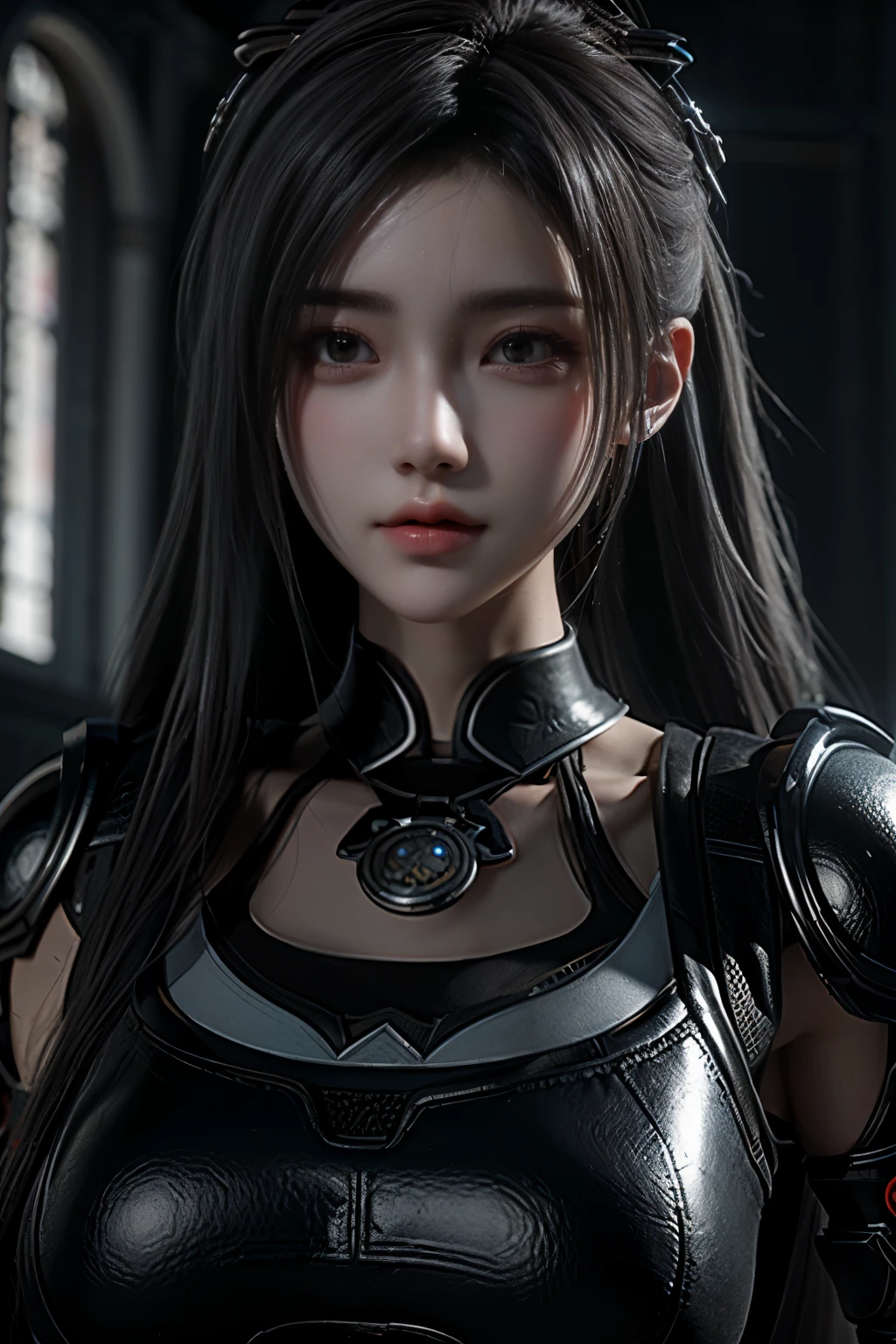 Masterpiece,Game art,The best picture quality,Highest resolution,8K,(Portrait),Unreal Engine 5 rendering works,(Digital Photography),((Portrait Feature:1.5)),
20 year old girl,Short hair details,With long bangs,(The red eye makeup is very meticulous),(With long gray hair:1.4),(Large, full breasts),Elegant and noble,Brave and charming,
(Future armor combined with the characteristics of ancient Chinese armor,Hollow design,Power Armor,The mysterious Eastern runes,A delicate dress pattern,A flash of magic),Warrior of the future,Cyberpunk figures,Background of war,
Movie lights，Ray tracing，Game CG，((3D Unreal Engine))，OC rendering reflection pattern