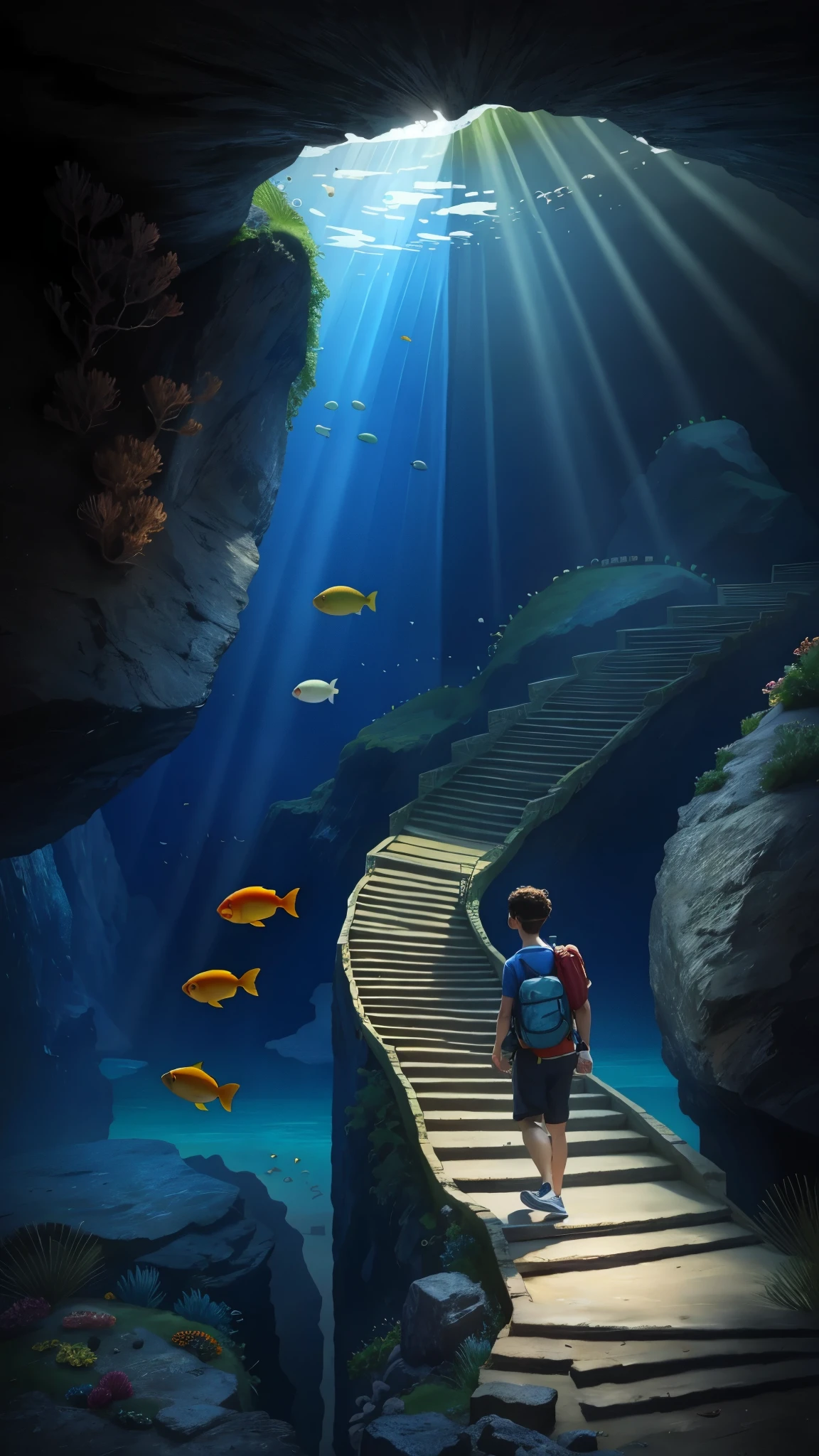 A man climbs stairs under the sea，Next to it are many tropical fish，Beautiful extraordinary，HD