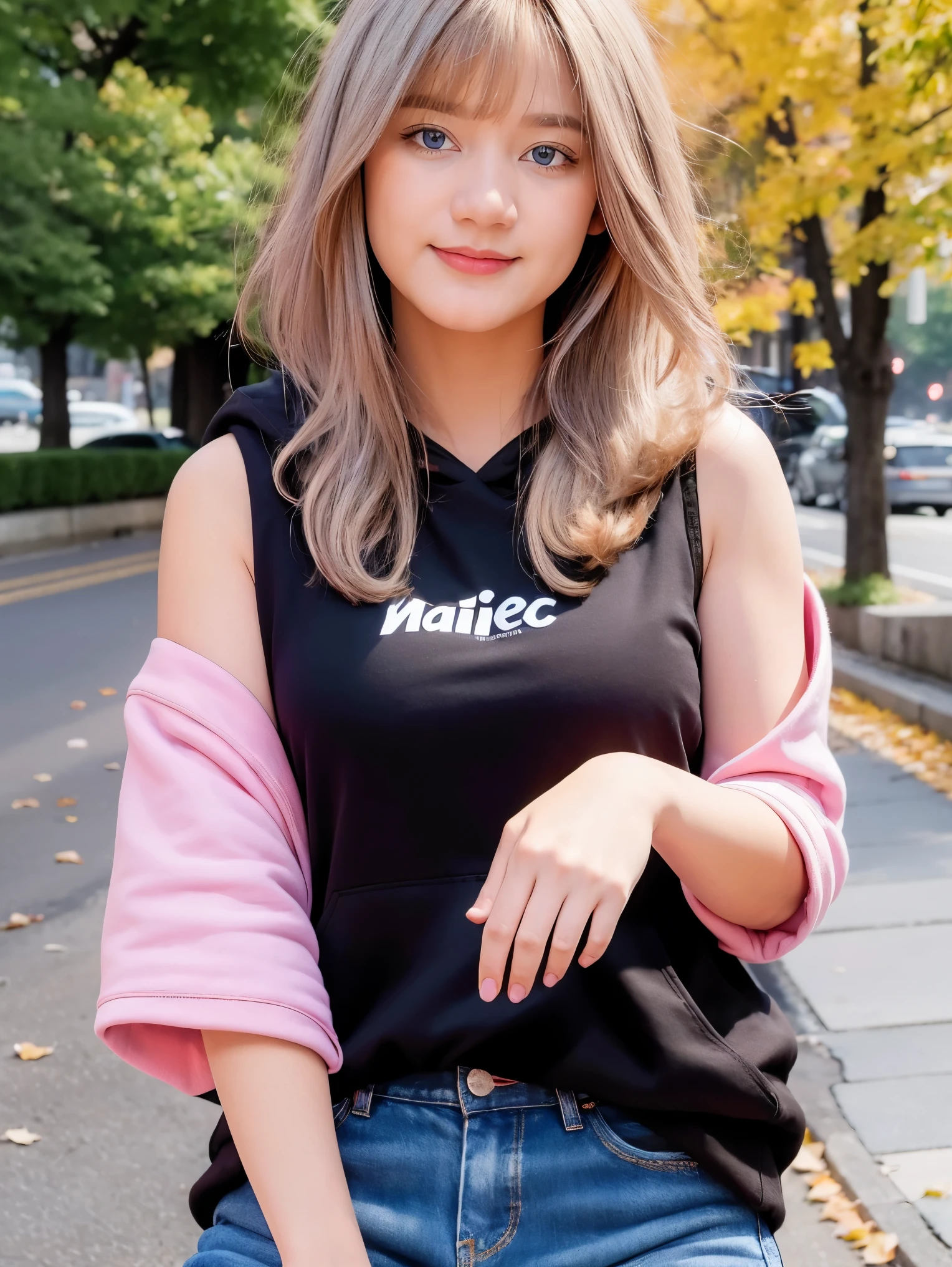 (masterpiece, best quality:1.2), absurdres, perfect anatomy, 1girl, (smug smile:1.2), POV, looking at viewer, hand on cheek, short hair, wavy hair, blunt bangs, silver hair, outdoors, autumn, pink \(sleeveless hoodie:1.2)\, hood down, ( jean shorts:1.1), solo focus, , soft lighting, public park, (blue eyes)
