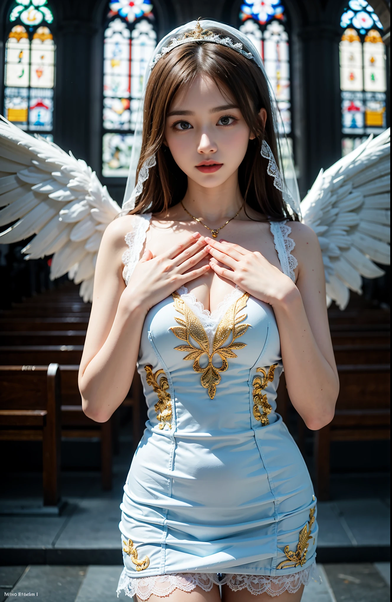 standing pose,1.5.front force:1.8,cowboy shot:1.5,BREAK((Angel,white big wings）,（See through,white lace dress,gold and light blue embroidery:1.4)),tight,body fit,veil,hand veil,Backlight,big breasts,cleavage:1.1,,smile:1.2,（(blonde）,blondeのミディアムロングヘア)）,hanging bangs:1.4,（(close both eyes)）,BREAK（(put your hands together in prayer)）,BREAK(8k,RAW photo:1.2),pieces fly,（looking at the viewer）,perfect anatomy,detailed face and eyes,最high quality,intricate details ,masterpiece,pretty girl ,sharp focus, high quality,BREAK（(inside the church,light leaking from stained glass)）