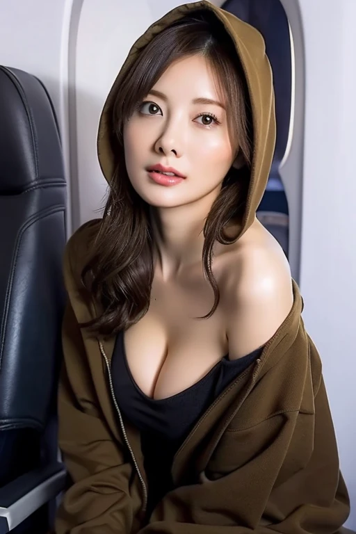 highest quality, masterpiece, 8k, 超A high resolution, (Photoreal:1.5),beautiful face、symmetrical eyes、perfect body proportions,hooded hoodie、cleavage、big breasts、off shoulder、Emphasize your cleavage with an upward look、Penis from cleavage、((Inside the plane))