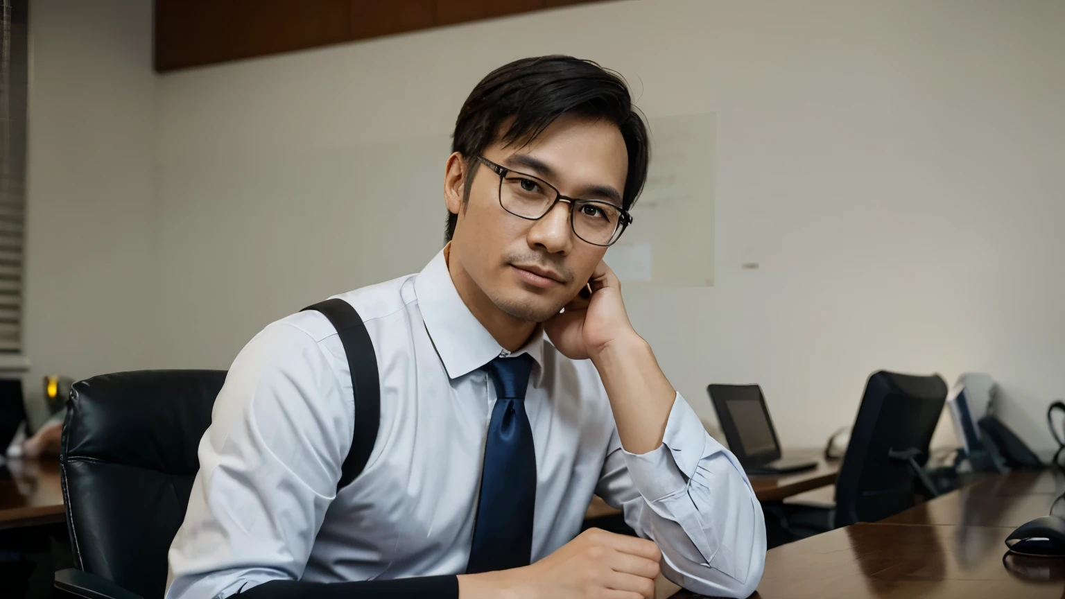 Chinese Business Men,stubble,Glasses,Around forty years old,Business casual attire,sitting at desk,Realistic,16:9