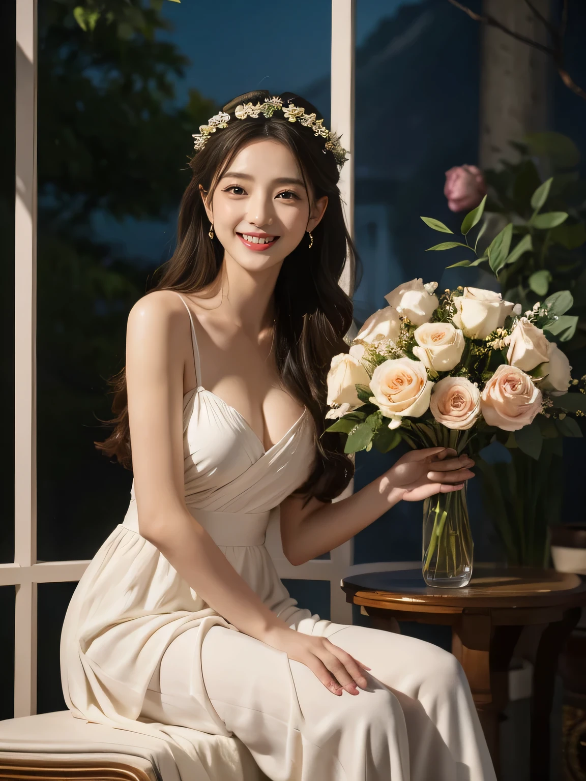 Raffaello Santi painting style,Arguments of two female P、roses in vase、fruits、Cute trinkets、smile、ancient greek costume、Background is a forest lake at night ,A big smile painting style,Arguments of two female P、roses in vase、fruits、Cute trinkets、smile、ancient greek costume、Background is a forest lake at night ,A big smile、beautiful bare skin,