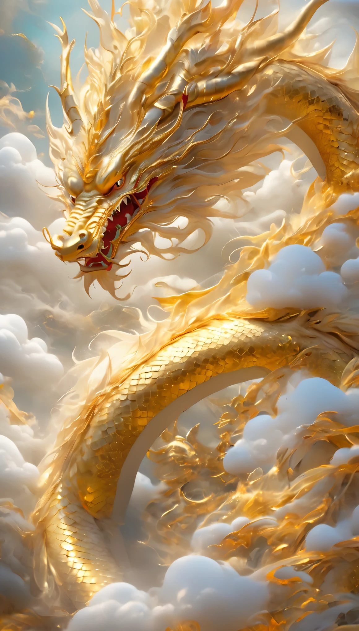 A dragon rises from the sea of clouds、Carrying great happiness、huge body of gold and red、high detail、High level of image quality、High color rendering、high resolution、surreal、Photorealistic