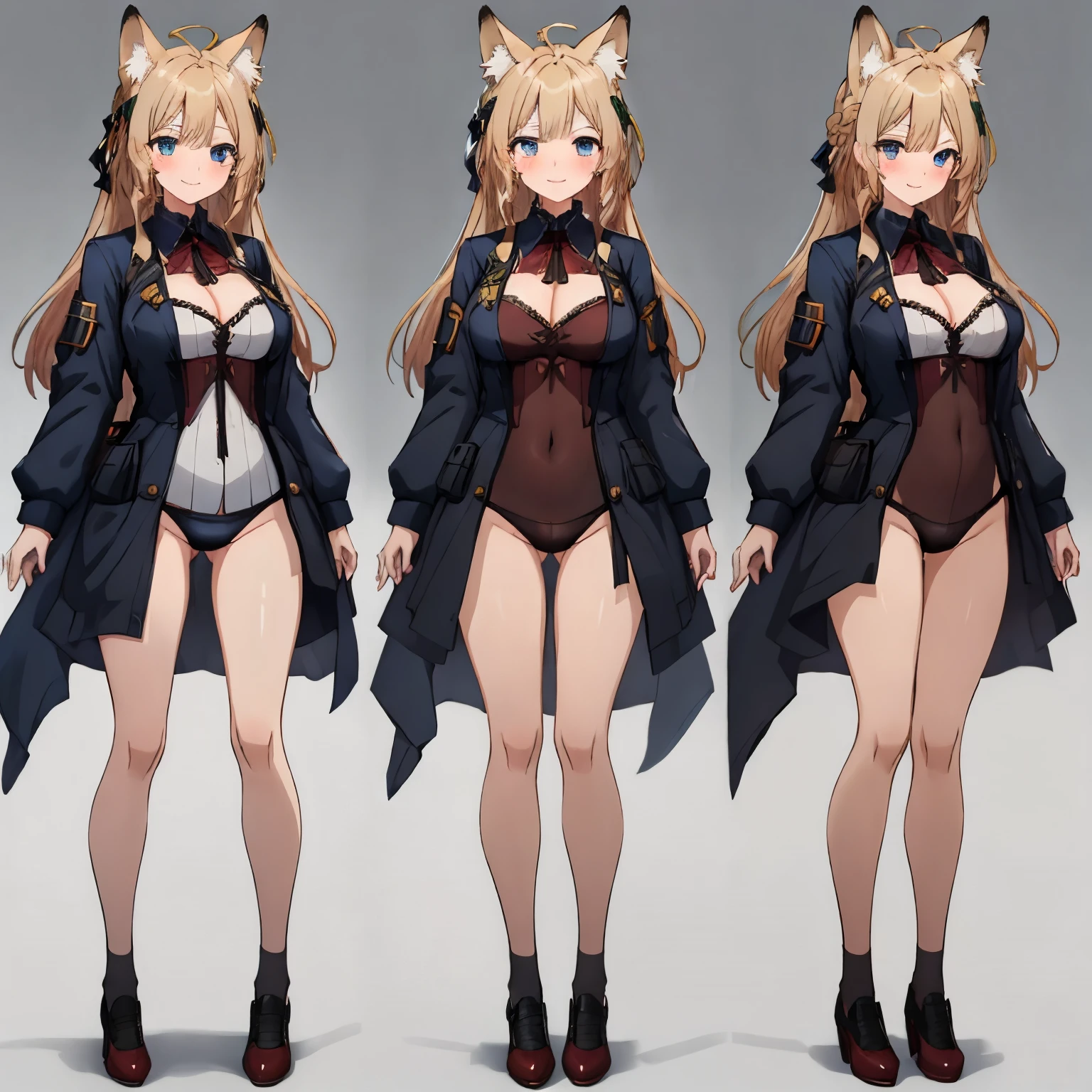 masterpiece: 1.6, highest quality: 1.4, Live: 1.2, intricate details: 1.2, 1 girl, alone, (blonde), long hair, french braid, single ~ ~ sidelock, amount: 1.5, fox ears, Big fox tail: 1.8, deep blue eyes, bright eyes, big breasts, exposed thighs:1.7, green adventurer style jacket:1.5, leotard: 3, Pouch:2.5, full body shot, multiple views, front, return, ~ ~ side, performance, ((Character setting material collection, Same character in different poses, personality reversal: 1.5, multiple views)), arms behind return, portrait, Happy, Are crying, Get angry, smile