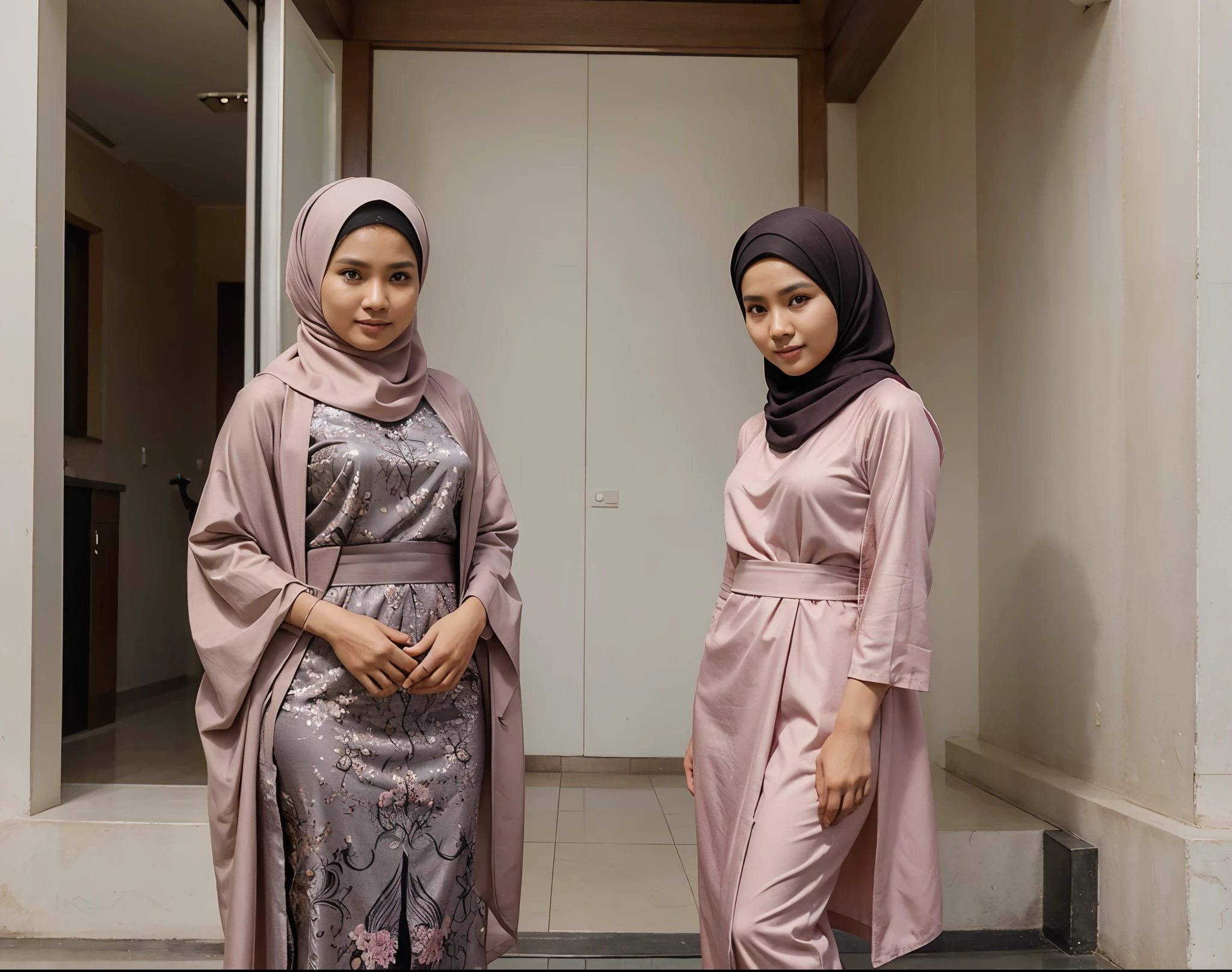 ((3 girl)), (double exposure),(full body photos),(back view)(looking at viewer), (THREE malay gorgeous matured teachers (stood side by side), (presenting their asses to viewer),((35 year old)), (malay women), (curvy fit body shapes), bigger ass, cleavage, huge thighs, (three of them wearing white, fitted long sleeves baju kurung), ((black hijabs)), (looking at viewer), flirt, inside of a house, wall, door, ceramic floor, pov, (SFW),high detail, depth of field, film grain, UHD, retina, masterpiece, ccurate, anatomically correct, textured skin, super detail, high details, high quality, award winning, best quality, highres, HD, 8k, 1080P