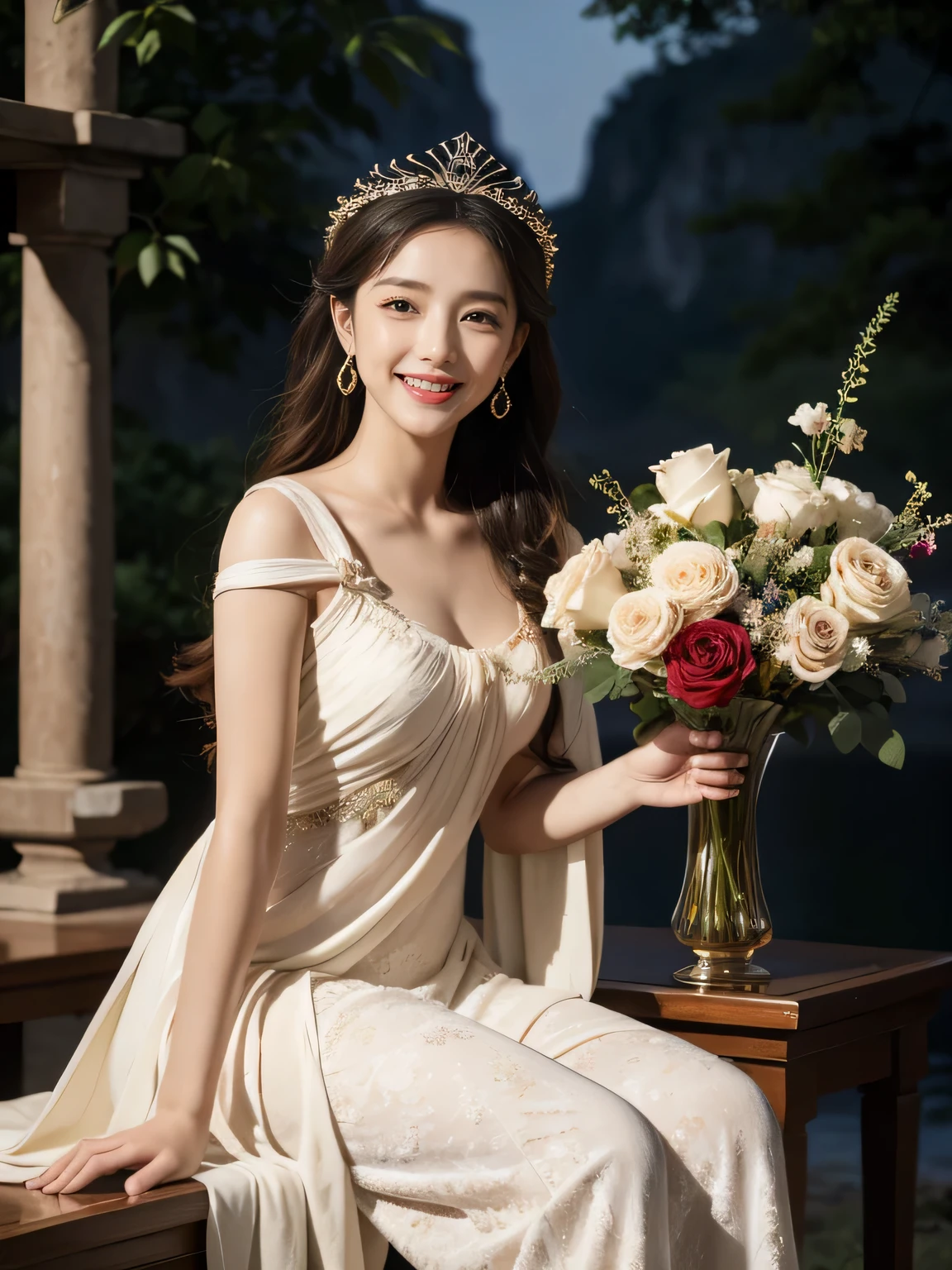 Raffaello Santi painting style,Arguments of two female P、roses in vase、fruits、Cute trinkets、smile、ancient greek costume、Background is a forest lake at night ,A big smile painting style,Arguments of two female P、roses in vase、fruits、Cute trinkets、smile、ancient greek costume、Background is a forest lake at night ,A big smile、beautiful bare skin,