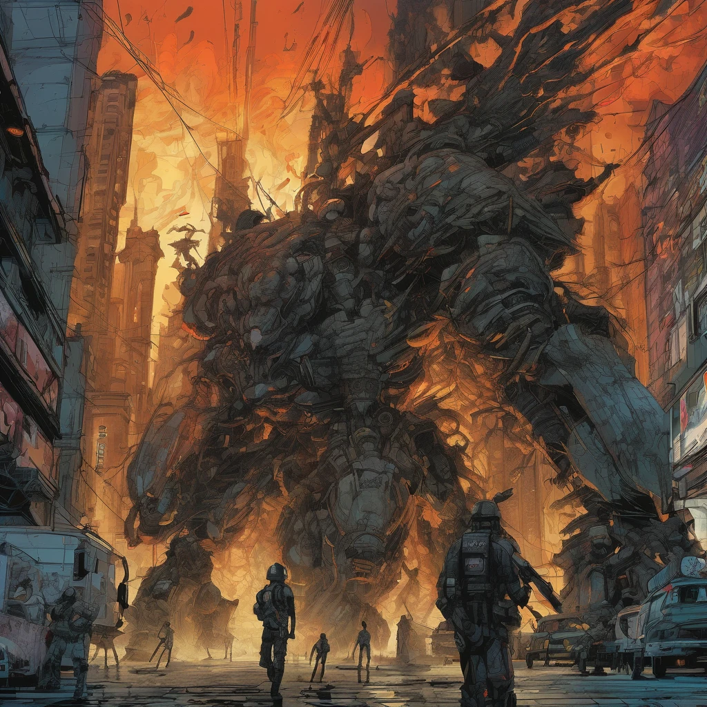 Final Showdown, aesthetic, extremely detailed, Epic, Stunning, Illustration, full shot, Hero, determined, prepared for final showdown, apocalyptic cityscape, fiery destruction, dynamic lighting, rim light, two tone lighting, gritty textures, futuristic, cyberpunk, oil painting, dark colors, saturation, vibrance, cinematic, H.R. Giger, Yoji Shinkawa, Adam Hughes.