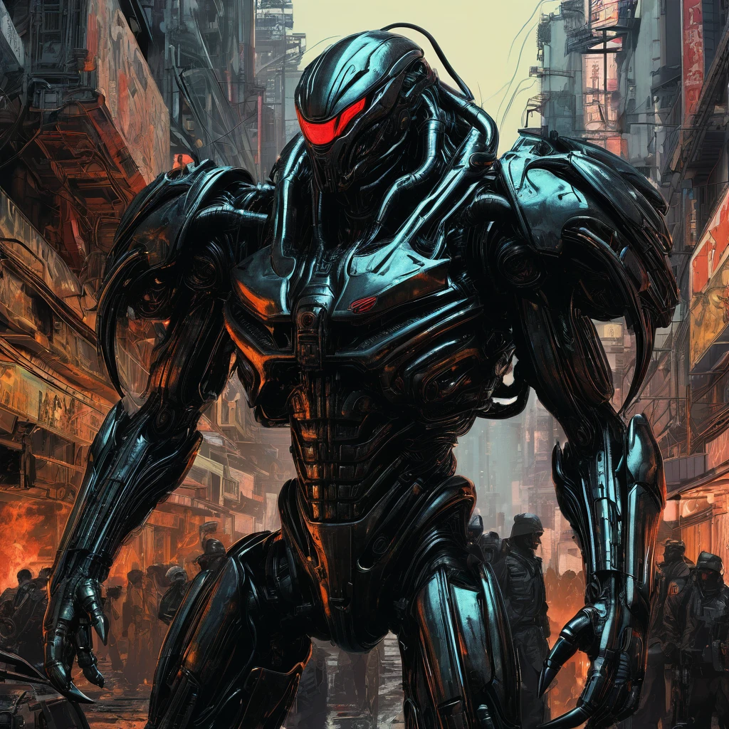 Final Showdown, aesthetic, extremely detailed, Epic, Stunning, Illustration, full shot, Hero, determined, prepared for final showdown, apocalyptic cityscape, fiery destruction, dynamic lighting, rim light, two tone lighting, gritty textures, futuristic, cyberpunk, oil painting, dark colors, saturation, vibrance, cinematic, H.R. Giger, Yoji Shinkawa, Adam Hughes.