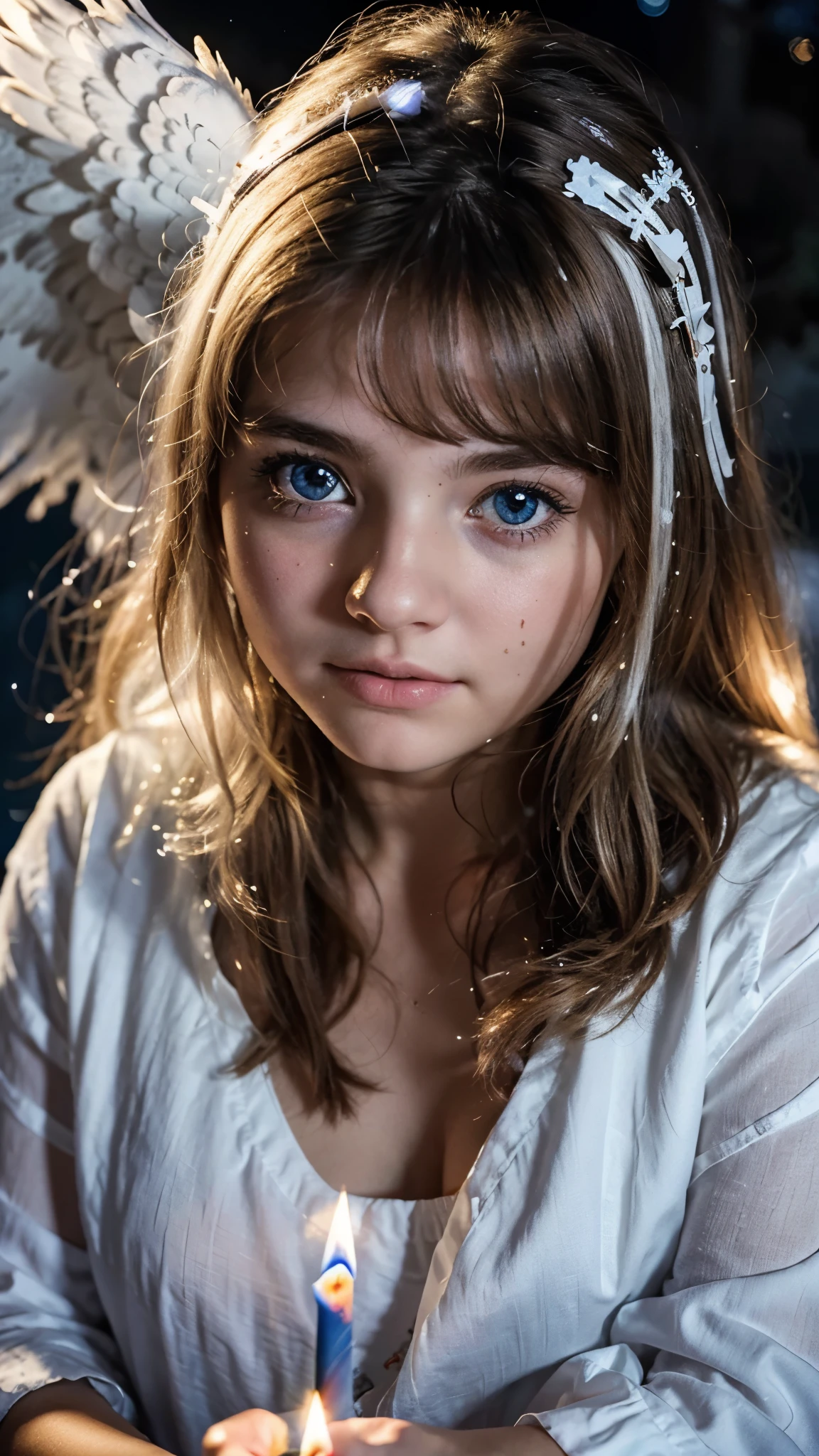 8k, colored pencil drawing, fluffy white angel girl (looks ), pechos grandes, ojos de nebulosa brillante, warm light on one side of the face, candle lighting, noche, luz nocturna, sharp focus, fotos de estudio, detalles intrincados, muy detallado,