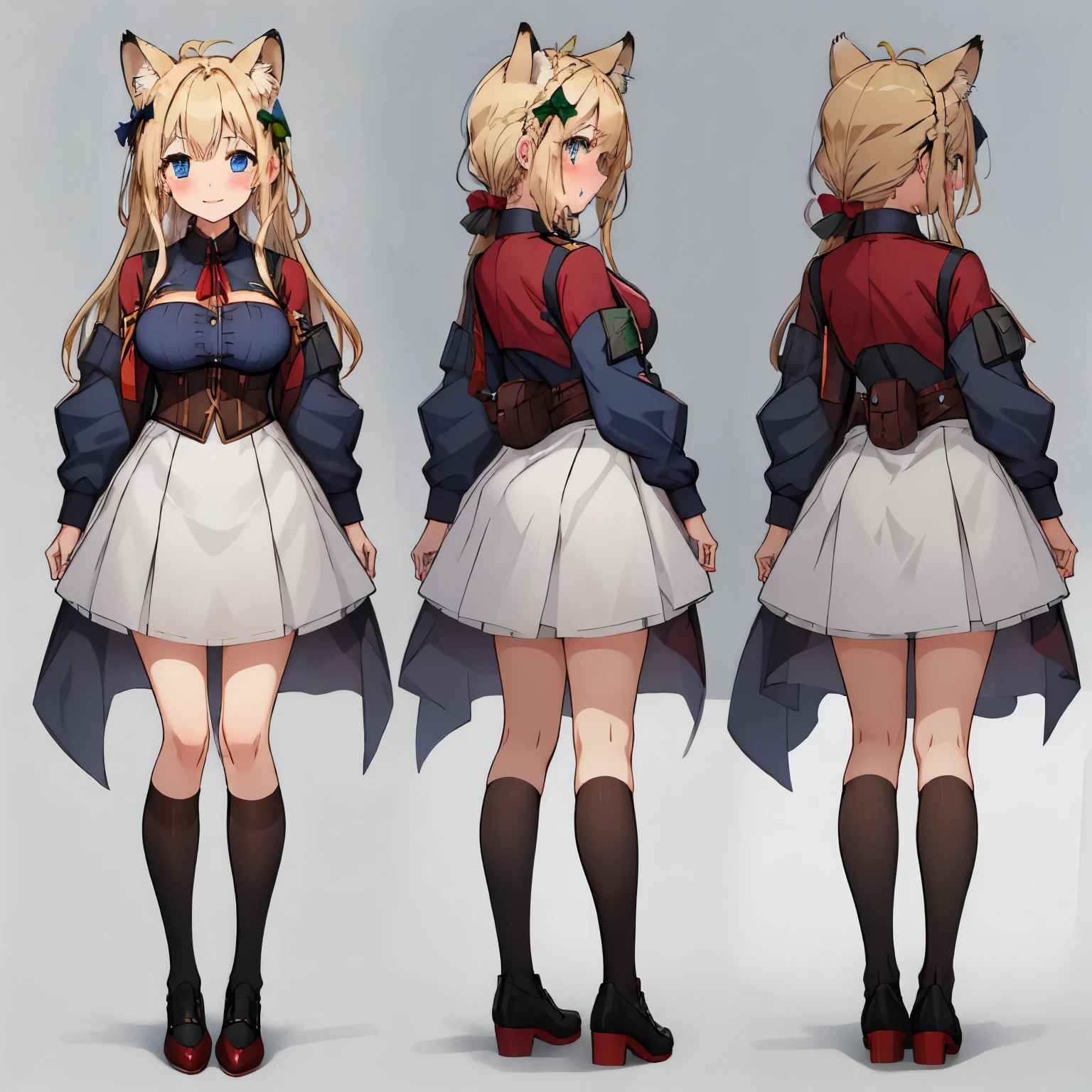 masterpiece: 1.6, highest quality: 1.4, live: 1.2, intricate details: 1.2, 1 short girl, alone, (blonde), long hair, french braid, シングル ~ sidelock, amount: 1.5, fox ears, fox tail: 4, deep blue eyes, bright eyes, big breasts, exposed thighs:1.7, leotard: 3, green short hem apron, Pouch:2.5, full body shot, multiple views, front, return, ~ side, performance, (Character setting material collection, Same character in different poses, personality reversal: 1.5, multiple views), arms behind return, portrait, Happy, Are crying, Get angry, smile