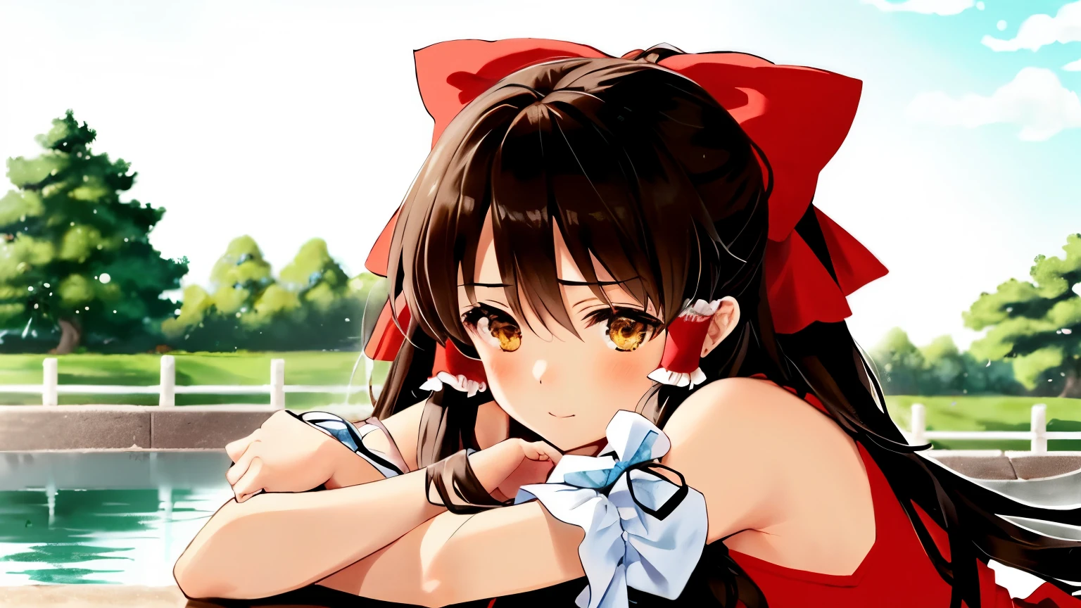 1 girl, alone, bow, hakurei reimu, long hair, hair tube, brown hair, skirt, red bow, removed sleeve, red skirt, hair bow, yellow bowtie, yellow bow, frilled bow, frills, bowtie, looking at the viewer, wide sleeve, skirt hold, water遊び, bangs, ribbon trim, water, ribbon trimの袖, brown eyes, cherry blossoms, frilled hair tube, side lock, shirt, closed mouth, night, very long hair, red vest, null, long sleeve, red shirt, vest, bare shoulders, frilled skirt, petal, outdoors, blush, white sleeves, non-traditional shrine maiden、(lie down:1.3)