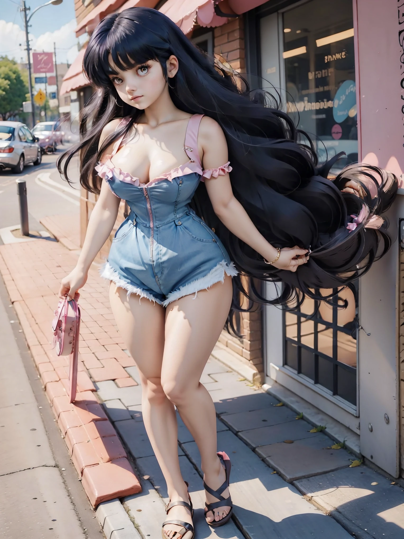 Anime girl with dark bluish hair in denim shorts and a corset latex pink, , beautiful body, big breasts, with her hands on her waist, hands in her hair, Sexy girl, bluish hair, side strands of hair with a pink bow, strands of hair with a bow on the side of the face, beautiful lighting, soft shadows, brown eyes, beautiful toned legs, short hair, anime style, hand on the waist, hand in the hair, character Akane Tendo, Author Rumiko Takahashi, Based on a work by Rumiko Takahashi, Anime Ranma 1 / 2, sexy cleavage, robust hips, full body, full body, big bust, young girl with nice and beautiful body, sandals on her feet, girl 16 years younim shorts and corset latex pink, anime girl, anime style, beautiful feet in sandals, outdoors, big breast, beautiful breasts, black hair, sandals on feet, beautiful legs, sexy, beautiful legs, Sandals, big breasts, full body, full body, feet with sandals, big bust