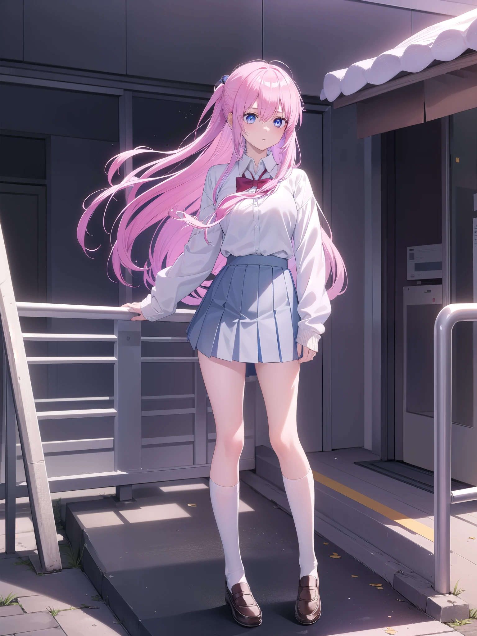 no background,white background,miyakoshikimori(1:5), miyako shikimori, long hair, blue eyes, hair between eyes, pink hair, break skirt, shirt, school uniform, white shirt, pleated skirt, collared shirt, sweater, gray skirt, ribbon, red ribbon, break 白い背景,break (masterpiece:1.2), highest quality, High resolution, unity 8k wallpaper, (figure:0.8), (detailed and beautiful eyes:1.6), highly detailed face, perfect lighting, Very detailed CG, (perfect hands, perfect anatomy),