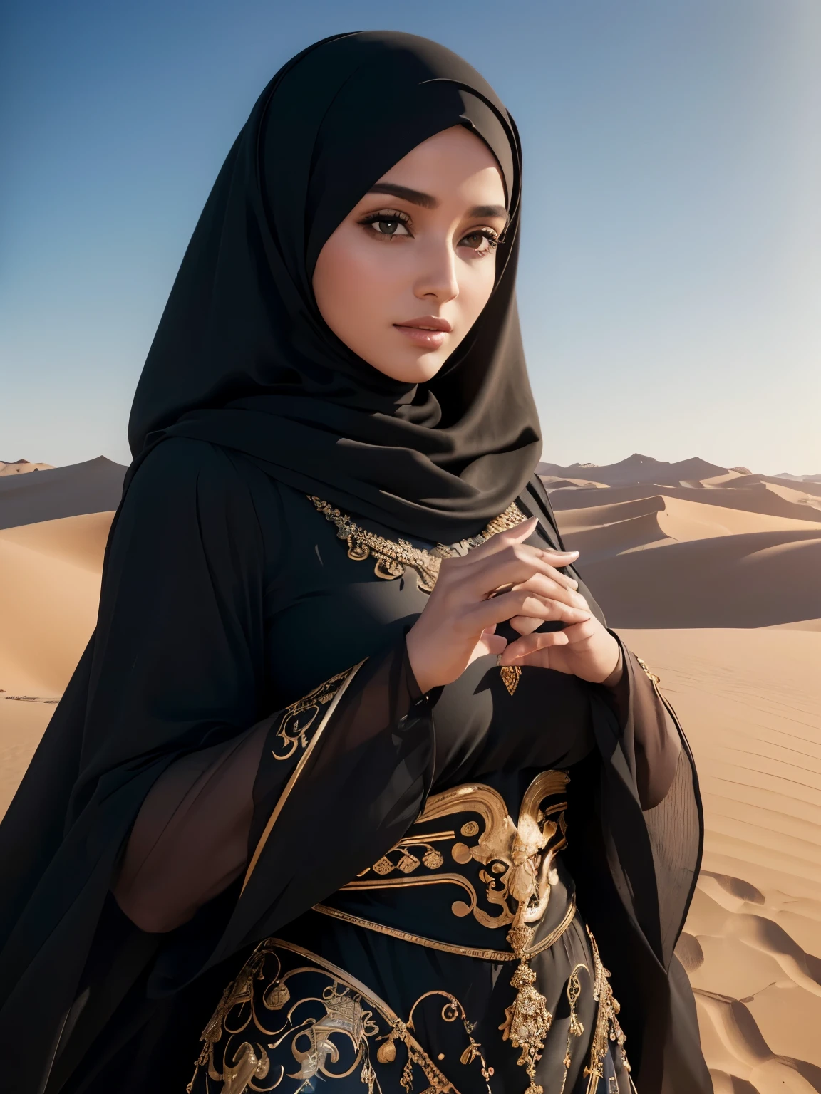 (best quality,4k,8k,highres,masterpiece:1.2),ultra-detailed,(realistic,photorealistic,photo-realistic:1.37), very beautiful girl, arabic descendant, statuesque figure, intricate black hijab and abaya, detailed fingers, desert background, wind gust, elegant pose, oil painting, wide shots, vivid colors, warm color tones, soft lighting.