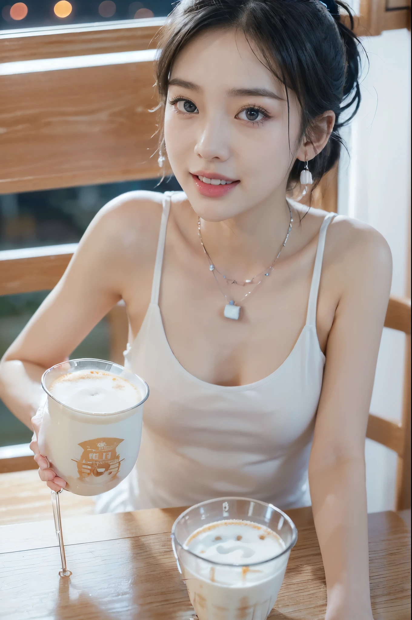 ((((8k))),((Extremely meticulous CG)) ,(wallpaper),16k,((Extremely refined and beautiful)),(((Masterpiece))),(((best qualtiy))),(((Ultra High Resolution))),beautiful light up,Perfect lightning,realistic shaded,(high resolution),(Smooth and flawless fair skin:1.5),(pale skin:1.3),(Extremely exquisite facial details:1.3),(perfect body:1.1),(ultra-detailed),A beautiful girl,solo,(small head:1.2),(short ponytail:1.2),(small face:1.2),(happy:1.2),(smile:1.2),(earrings:1.2),(crystal necklace:1.2),(open mouth:1.5),(blush:1.3),(female orgasmic:1.3),(ahegao:1.3),(lace,see through),(small breasts:1.2),((flat chests:1.2),(slim,thin),(blue tank top:1.3),(night scene:1.3),(in the Milk tea shop:1.3),(indoor:1.2),(Sitting on a chair behind the table:1.3),(A cup of milk tea on the table:1.5),(close-up of face:1.2),(upper body:1.2),(night view of the city:1.3),