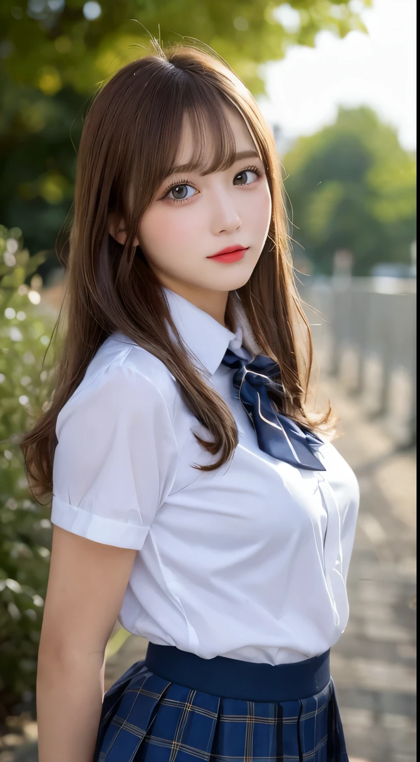 school background、mini skirt、Bright hair color、bronze hair、Sexy School Uniform、blonde、high school girl、Slender legs、beautiful eyelashes、High resolutionの顔、zoomout、20 years old、Knee-deep angle of view、best quality, illustration, Super detailed, fine details, High resolution, 8K Dende Wallpaper, beautiful detailed eyes, random cute hairstyles, C cup breasts, natural color lip