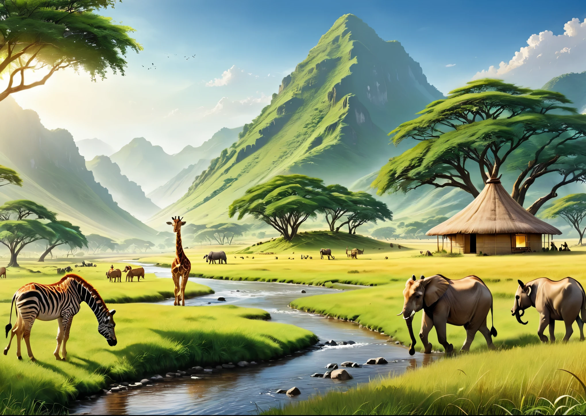 Animals playing in the wide grassland、giraffe、lion、Antelope、zebra、elephant、I can see some green trees、I can see the hut、sunny、Narrow River、A small mountain range in the distance、High color rendering、high detail