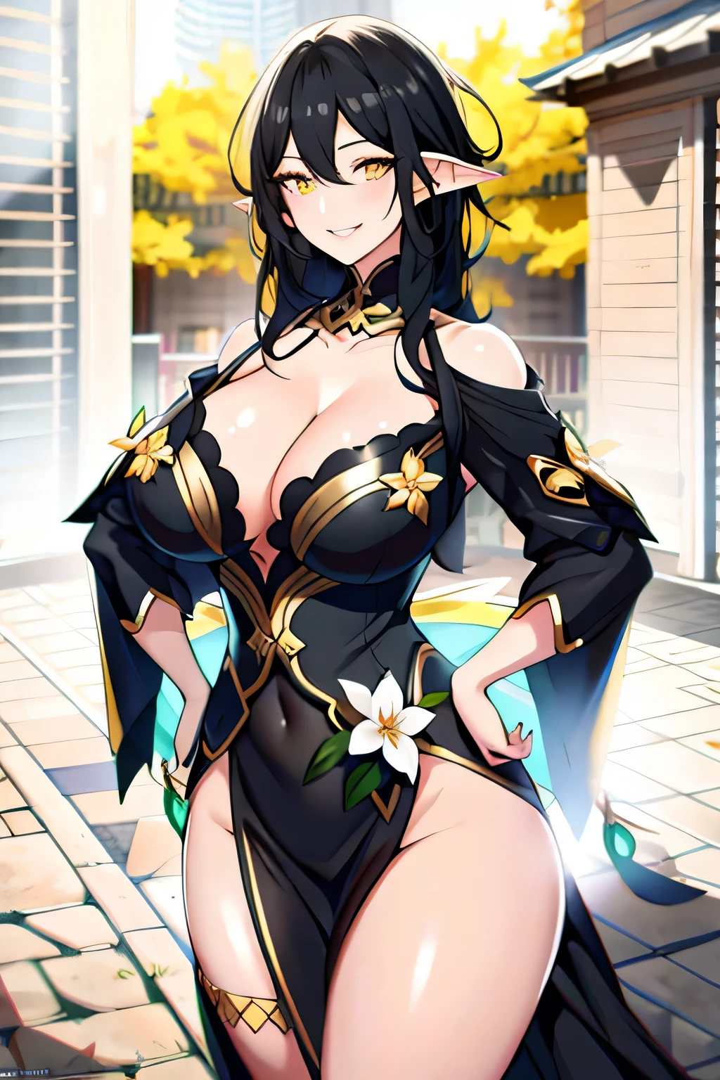 black hair, black colored dress, yellow eyes, elf ears, gigantic breasts, cleavage, bare legs, smiling,ultra-detailed(best quality,highres:1.2), ultra-detailed eyes