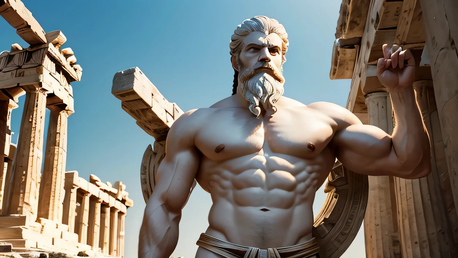 An image of a muscular ancient Greek man, resembling Marcus Aurelius, standing in a classical contrapposto pose, with one hand resting on his chin, deep in thought, with the Parthenon in the background. (1024x720px, 16:9 aspect ratio) with ancient greek hairstyle and angient greek god beard hair colour white beard colour white age 50 

