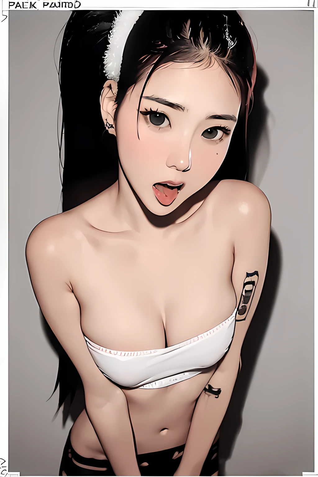 Polaroid blue tone, masterpiece, best quality, (tougue out, open mouth:1.1), dark background, (thick body:1.2), Baifern, NTC, NTR