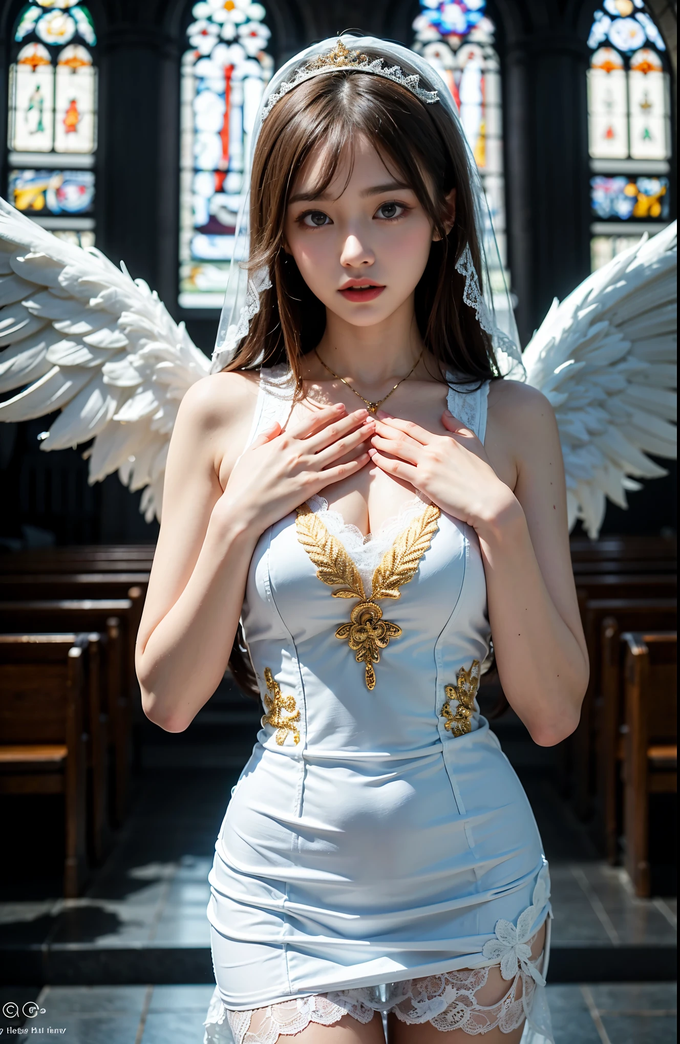 standing pose,1.5.front force:1.8,cowboy shot:1.5,BREAK((Angel,white big wings),(See through,white lace dress,gold and light blue embroidery:1.4)),tight,body fit,veil,hand veil,Backlight,big breasts,cleavage:1.1,((blonde),blondeのミディアムロングヘア)),A little bit of a stretch:1.2,hanging bangs:1.4,BREAK((close both eyes)),((close your mouth)),BREAK((put your hands together in prayer)),BREAK(8k,RAW photo:1.2),pieces fly,(looking at the viewer),perfect anatomy,detailed face and eyes,最high quality,intricate details ,masterpiece,pretty girl ,sharp focus, high quality,BREAK((inside the church,light leaking from stained glass))