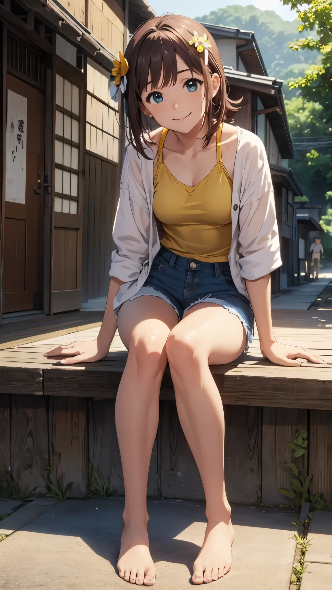 CG, unity, 8k, wallpaper, highest quality, masterpiece, haruka amami, (smile: 1.2), sitting on the engawa, yellow camisole BREAK denim shorts, barefoot, thighs, sweat, best lighting, complex pupils, complex textile, detailed background, Japanese countryside town, eating ice pop